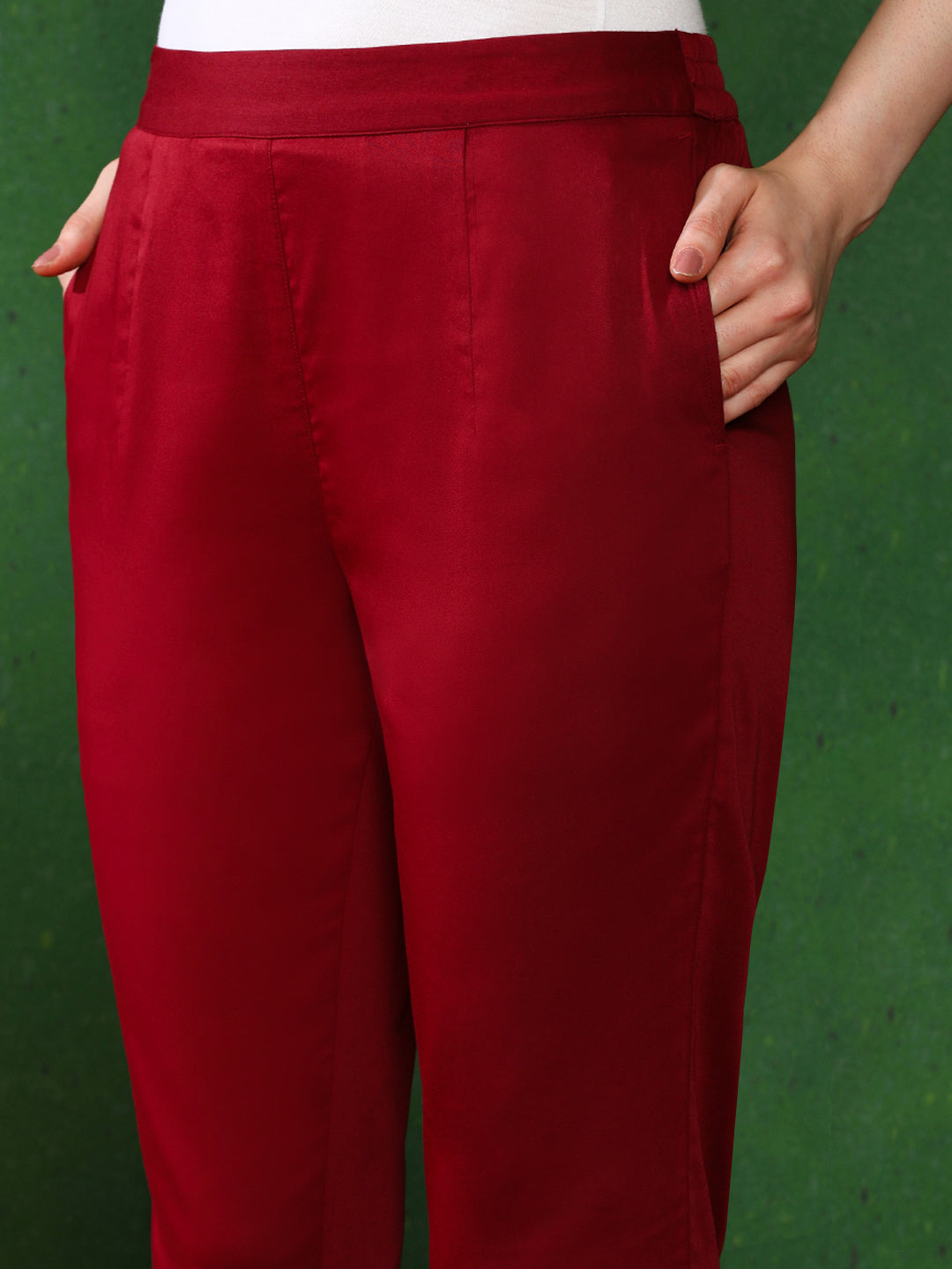 Women Maroon Solid Regular Trousers