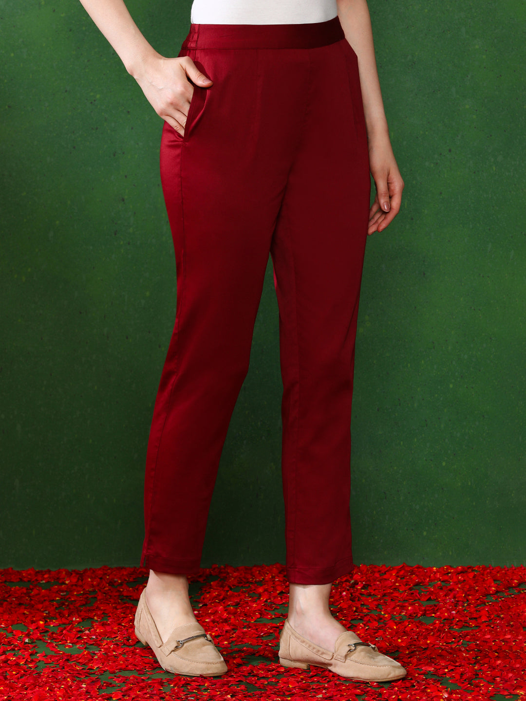 Women Maroon Solid Regular Trousers