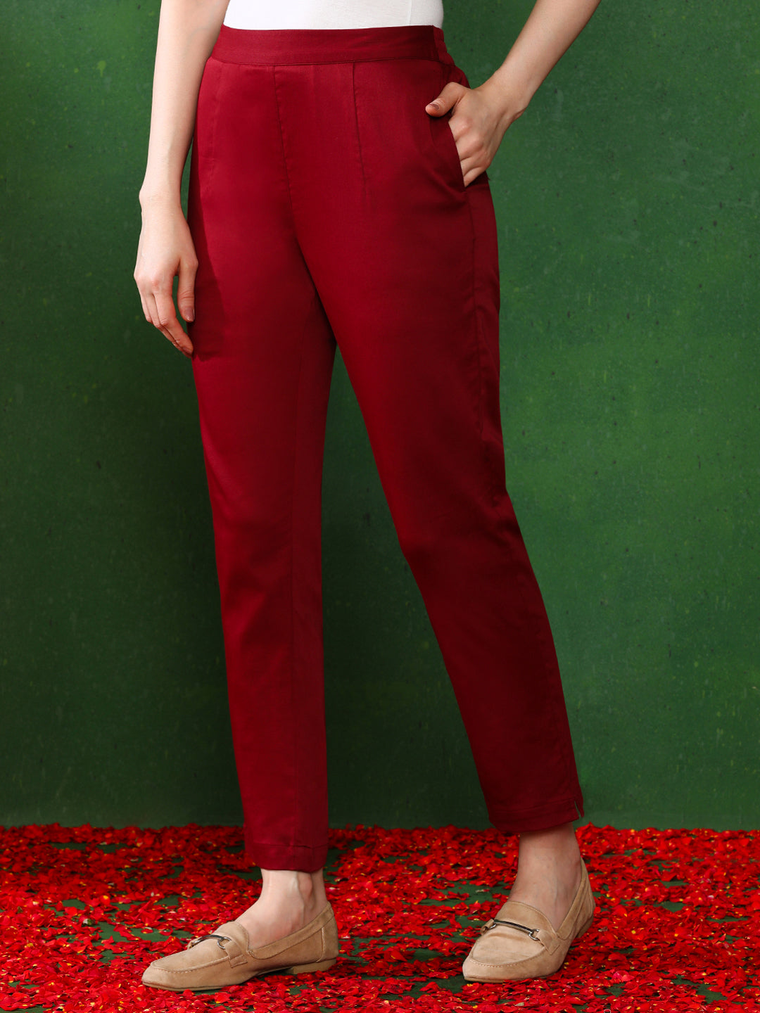 Women Maroon Solid Regular Trousers