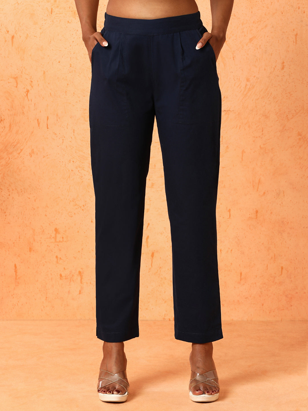 Women Navy Blue Solid Regular Trousers