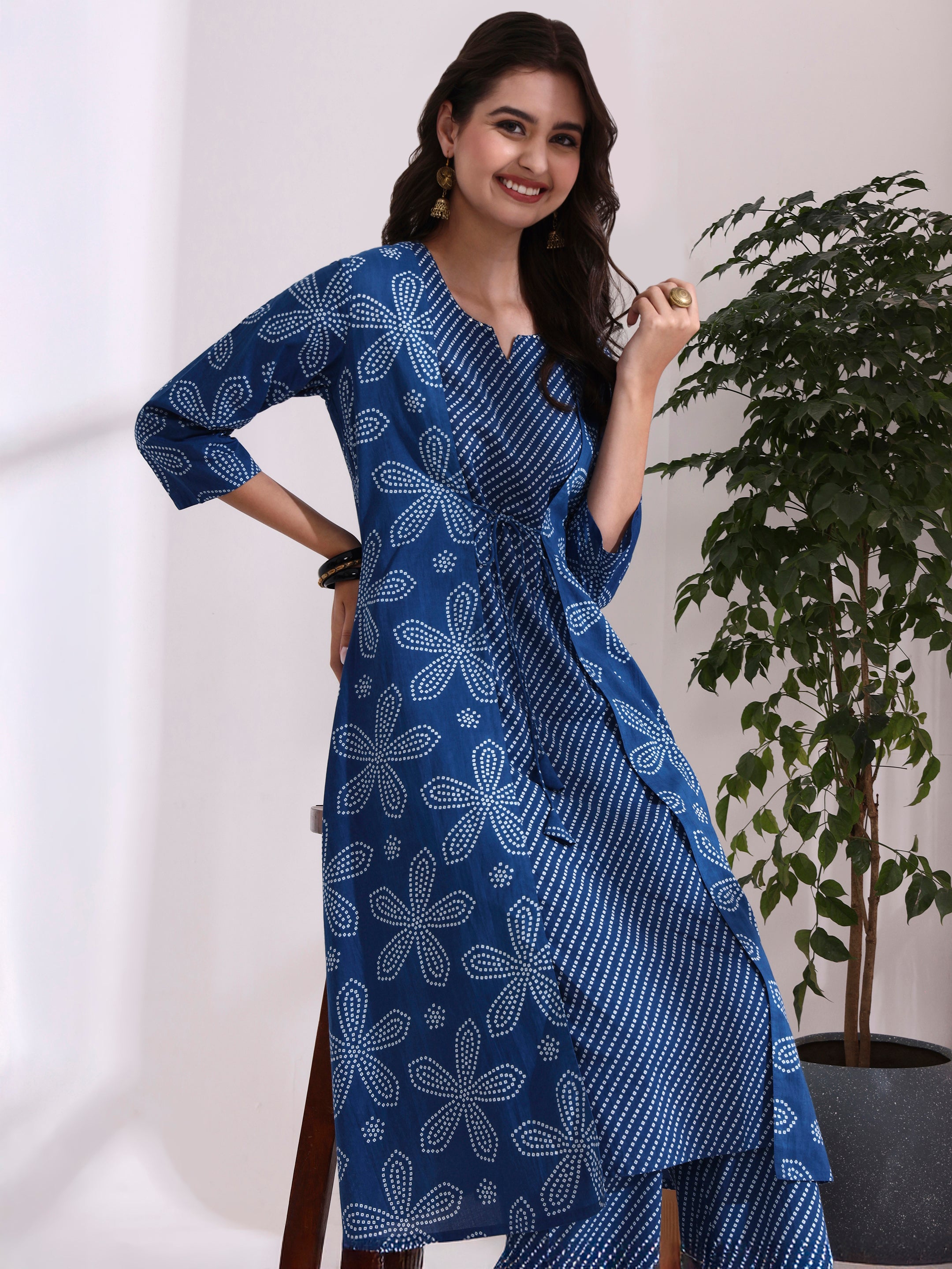 Bandhani Printed Straight Pure Cotton Kurta & Trousers Sets
