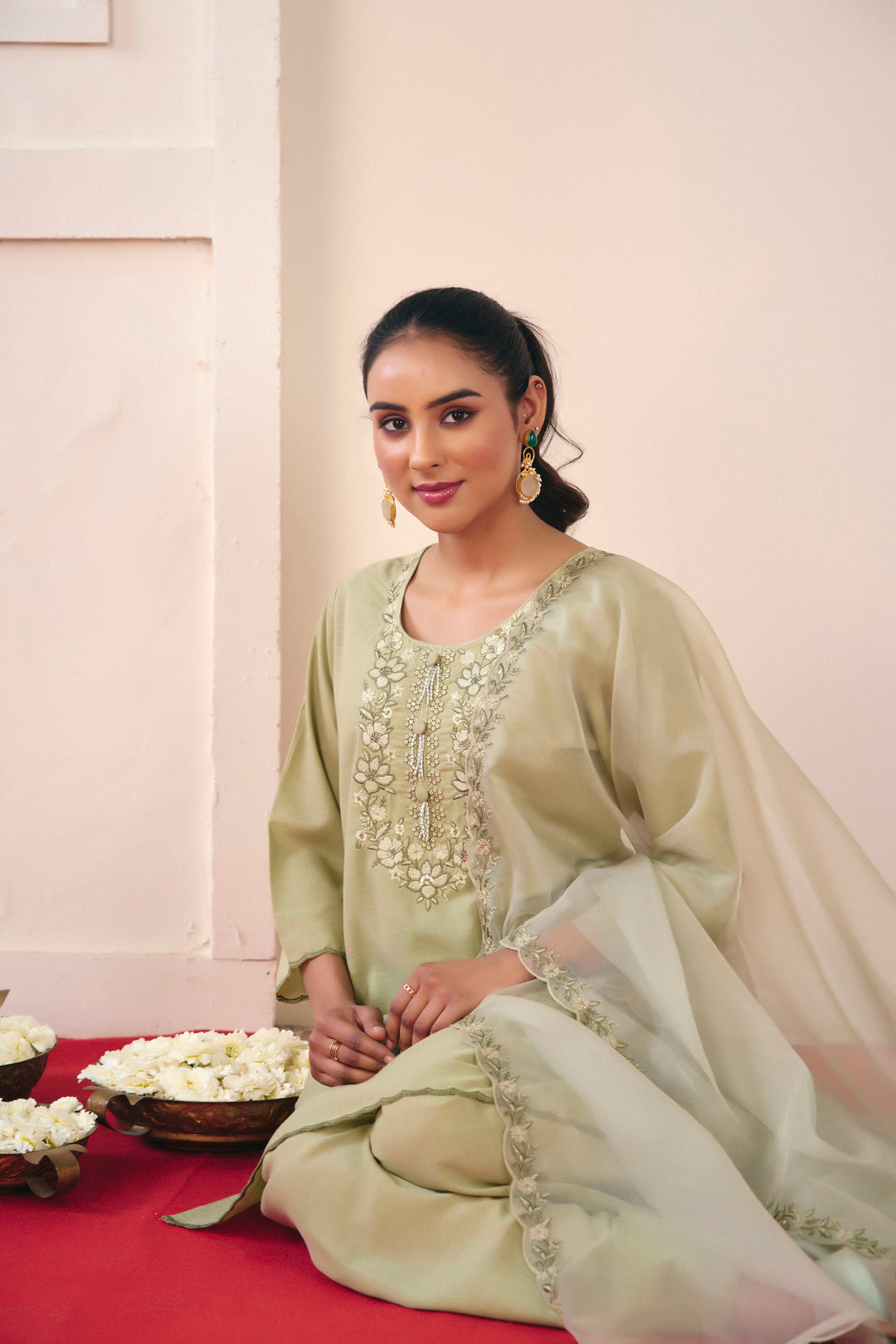 Floral Embroidered Straight Linen Kurta & Salwar Sets
