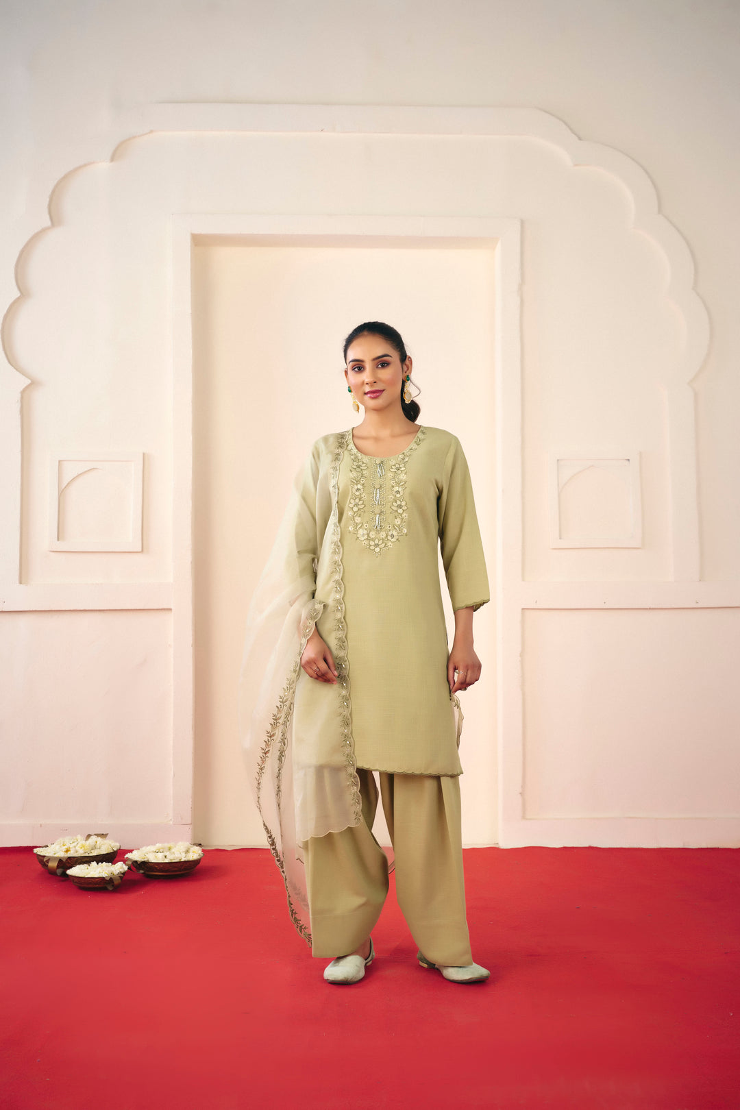 Floral Embroidered Straight Linen Kurta & Salwar Sets