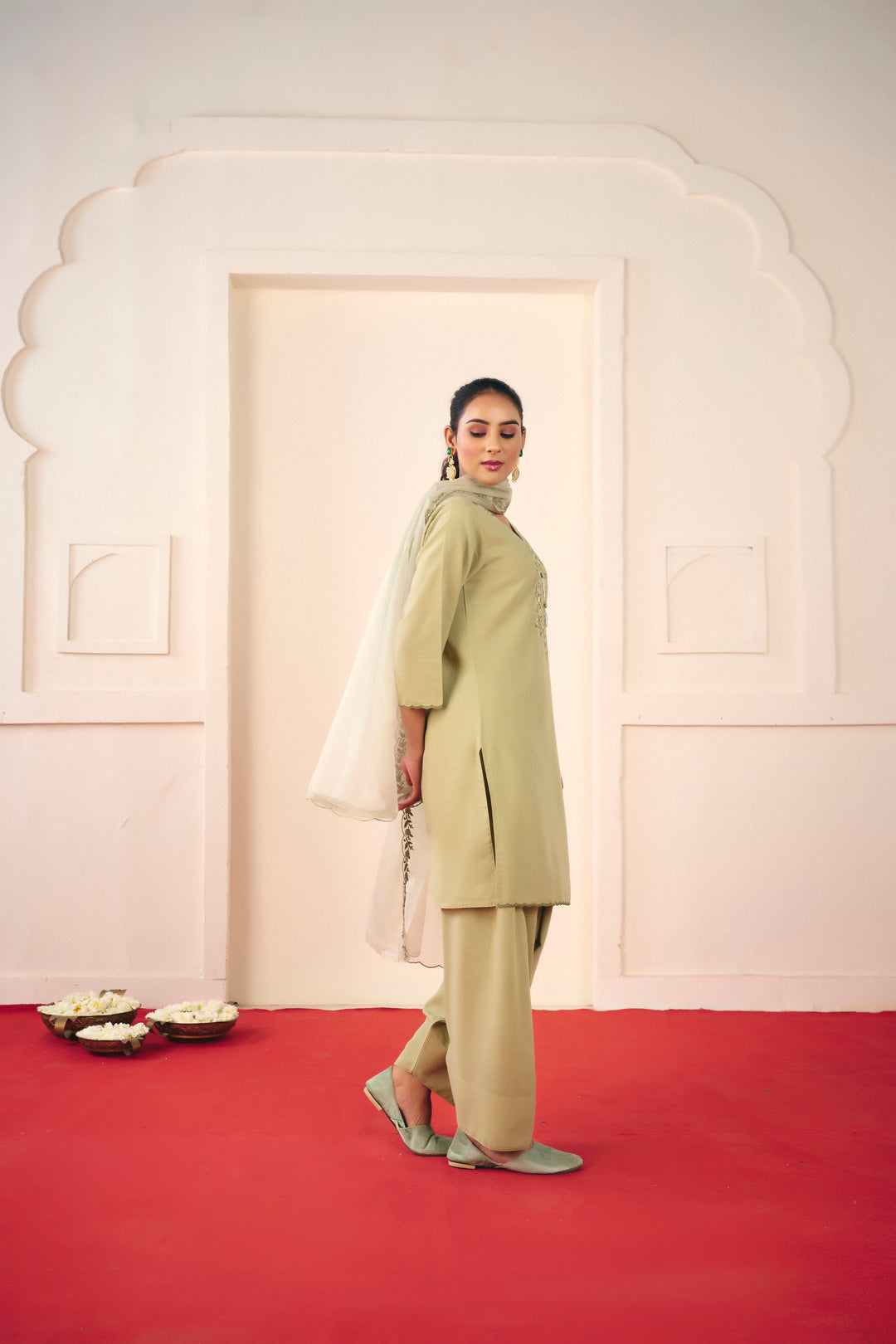 Floral Embroidered Straight Linen Kurta & Salwar Sets