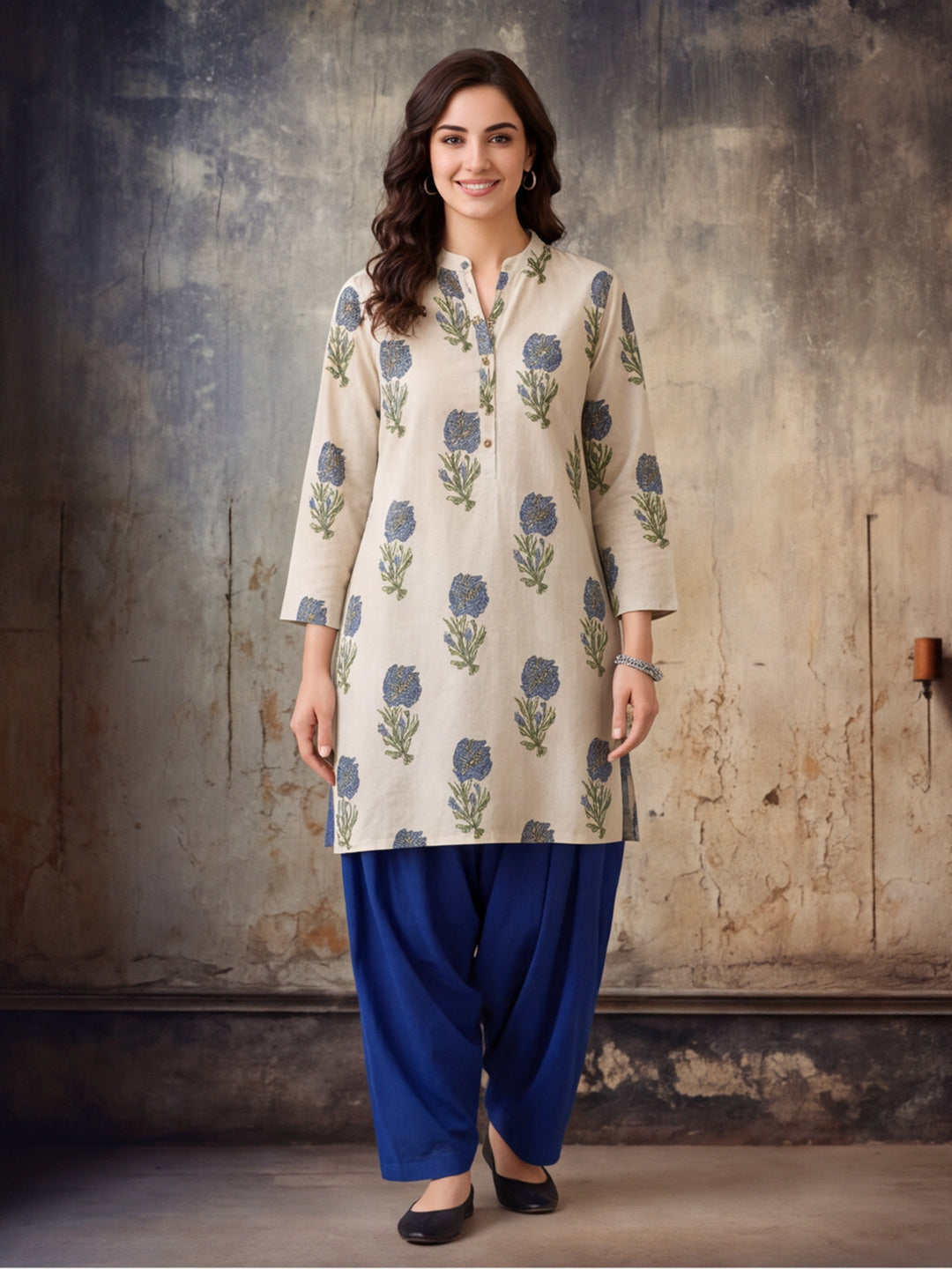 Floral Printed Straight Pure Cotton Kurta & Farshi Salwar Sets