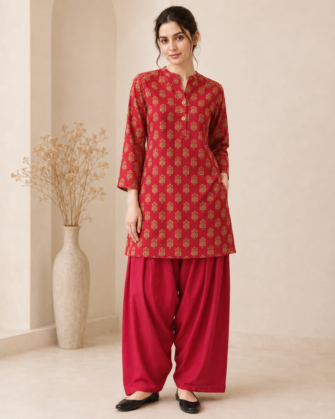 Floral Printed Straight Pure Cotton Kurta & Farshi Salwar Sets
