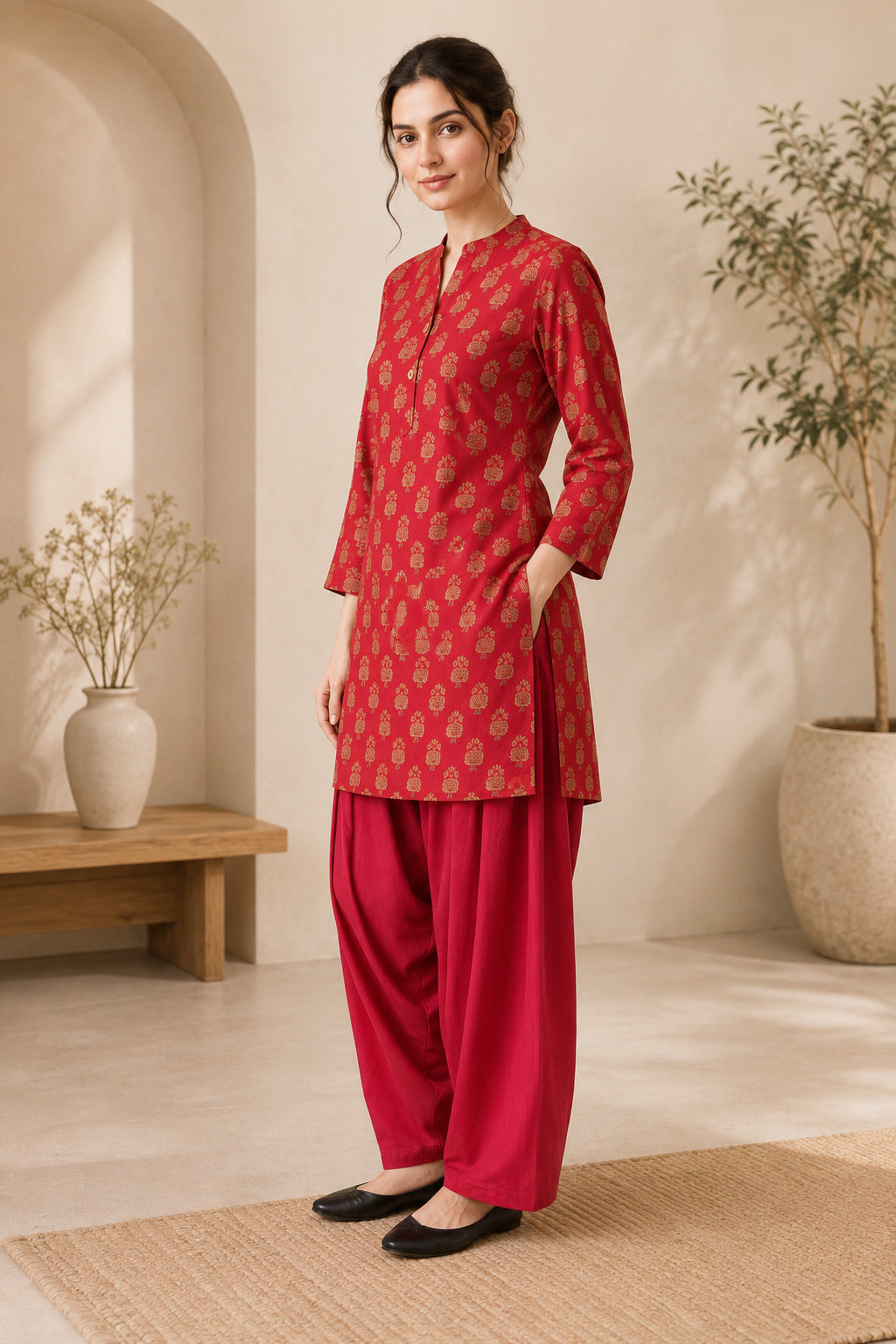 Floral Printed Straight Pure Cotton Kurta & Farshi Salwar Sets