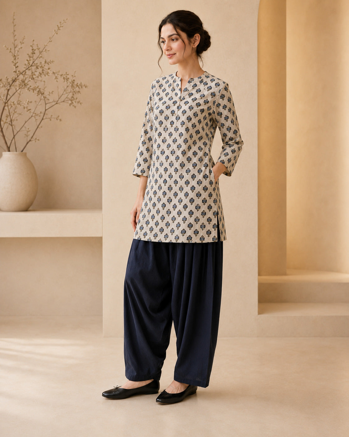 Floral Printed Straight Pure Cotton Kurta & Farshi Salwar Sets