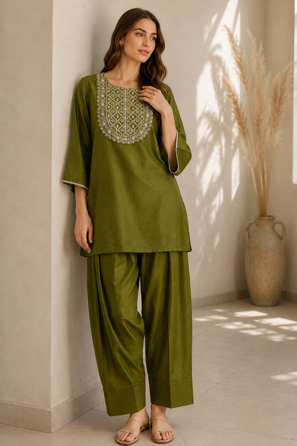 Floral Embroidered Straight Kurta & Farshi Salwar Sets