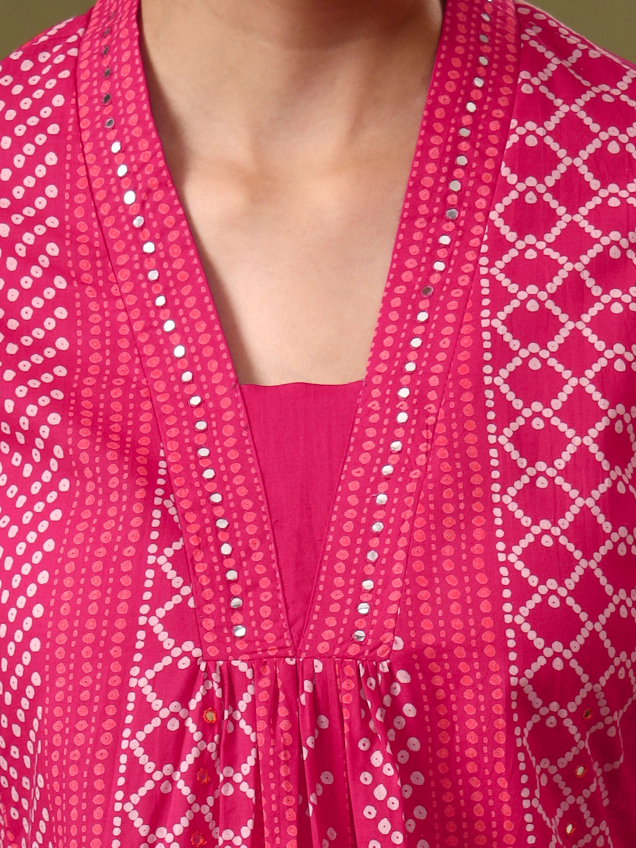 Bandhani Embroidered Straight Pure Cotton Kurta & Trousers Sets