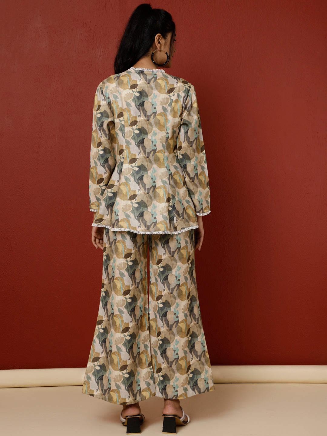 Olive Green Abstract Printed Top With Palazzo Co-ord Set