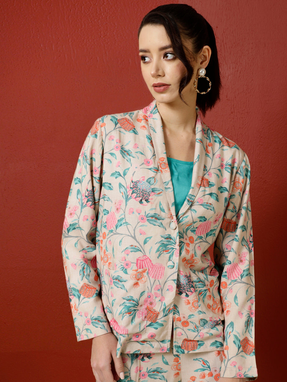 Beige Tropical Printed Jacket And Palazzo With Solid Crop Top