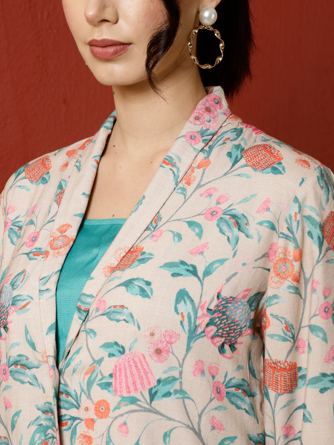 Beige Tropical Printed Jacket And Palazzo With Solid Crop Top