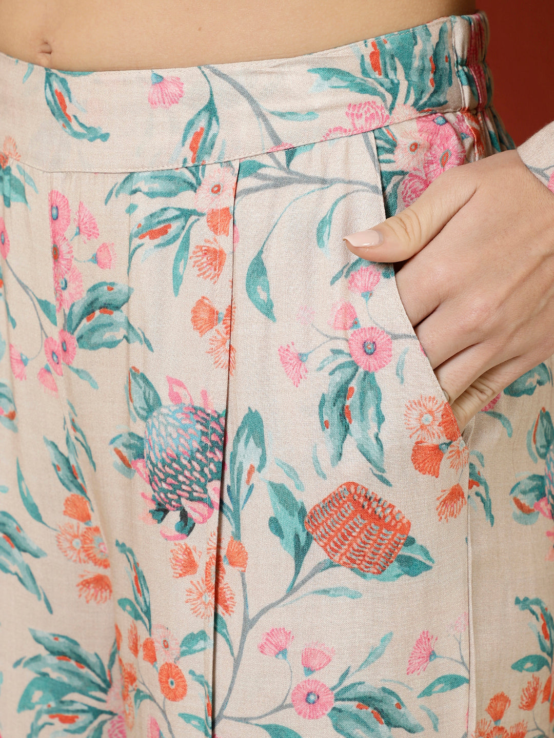 Beige Tropical Printed Jacket And Palazzo With Solid Crop Top