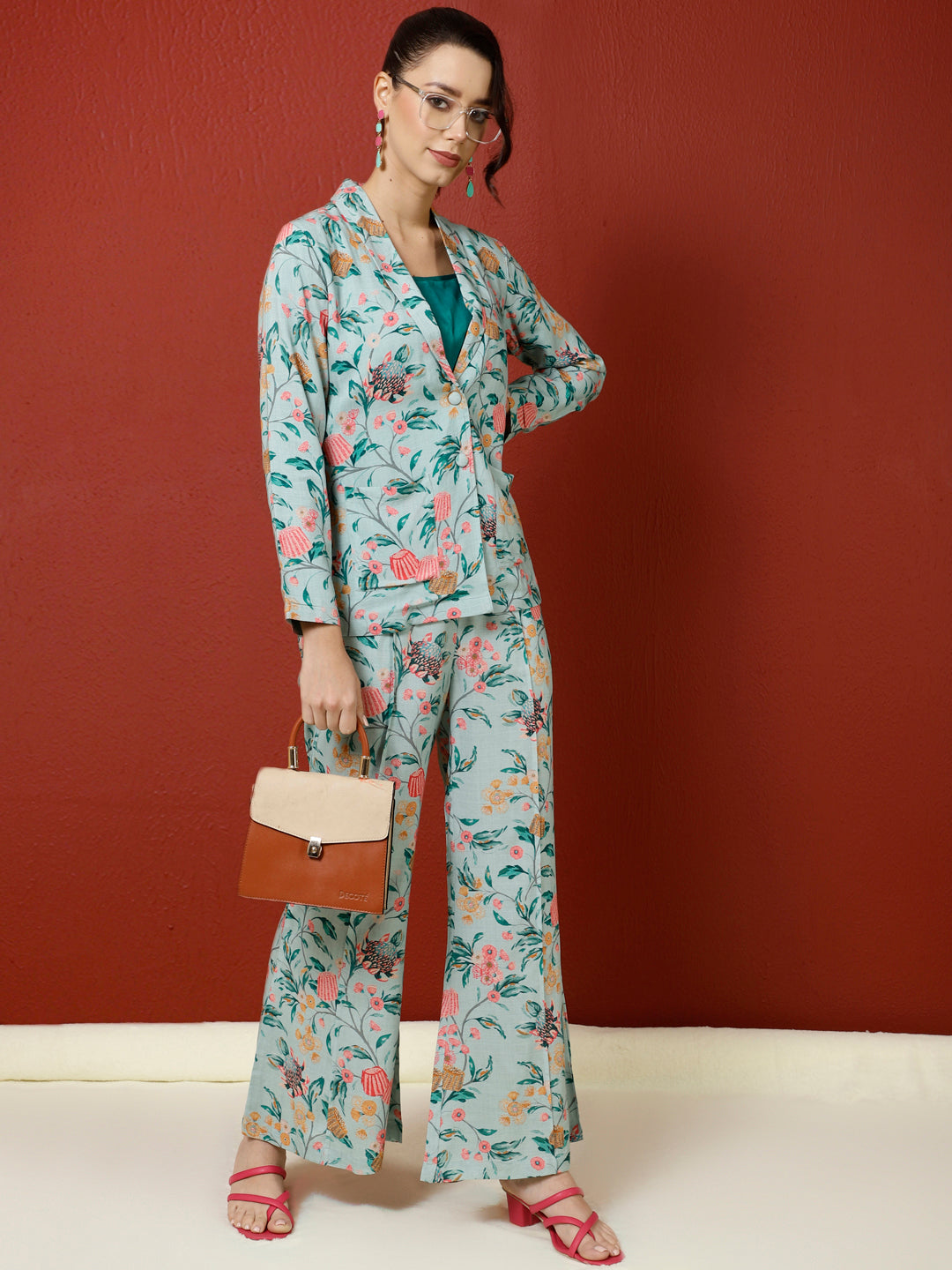 Blue Tropical Printed Jacket And Palazzo With Solid Crop Top