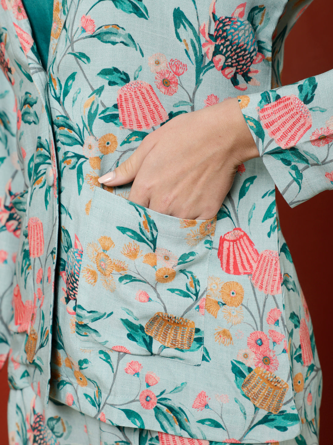 Blue Tropical Printed Jacket And Palazzo With Solid Crop Top