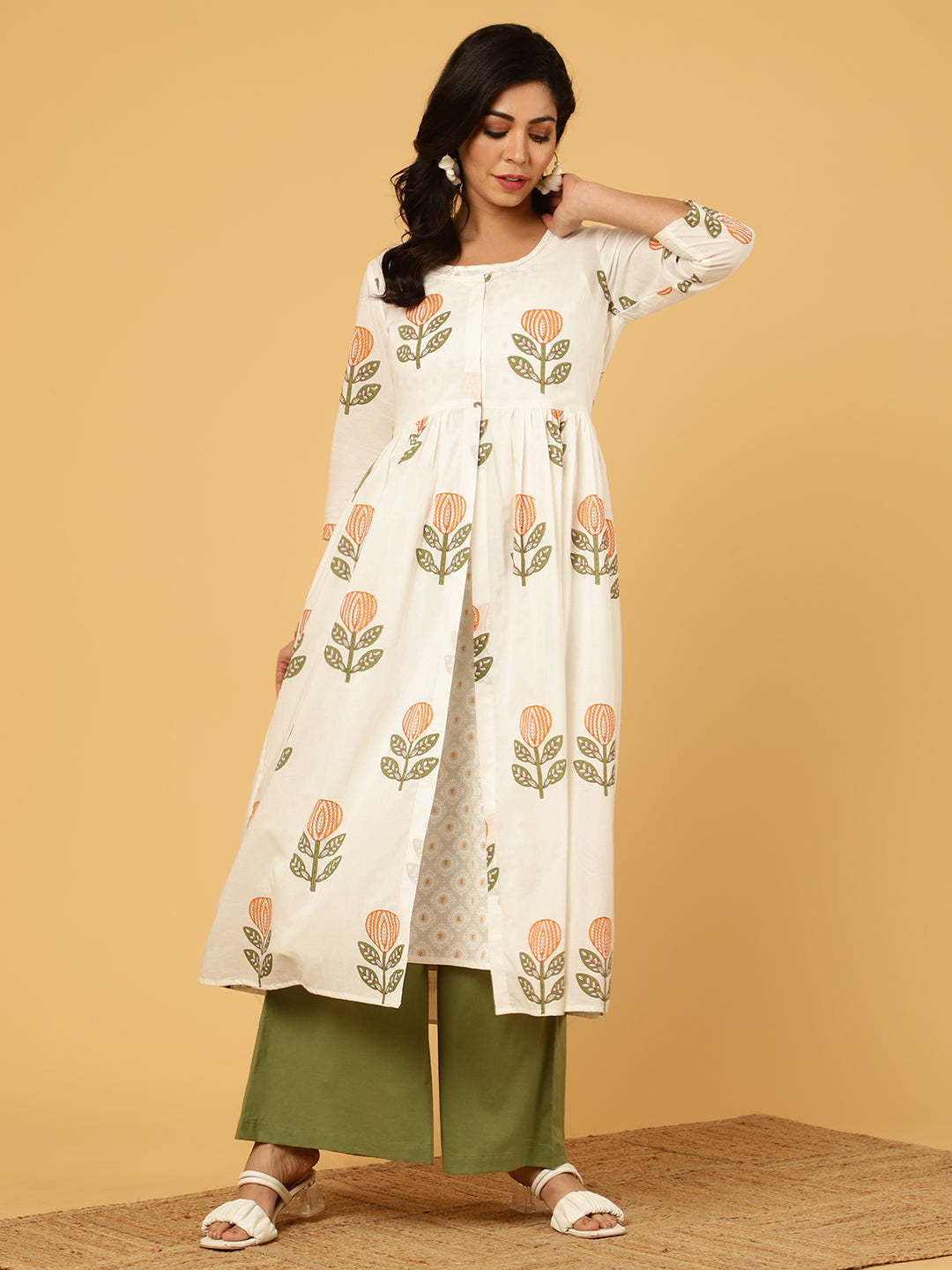 White Ethnic Motif Printed Shrug With Printed Kurta And Palazzo