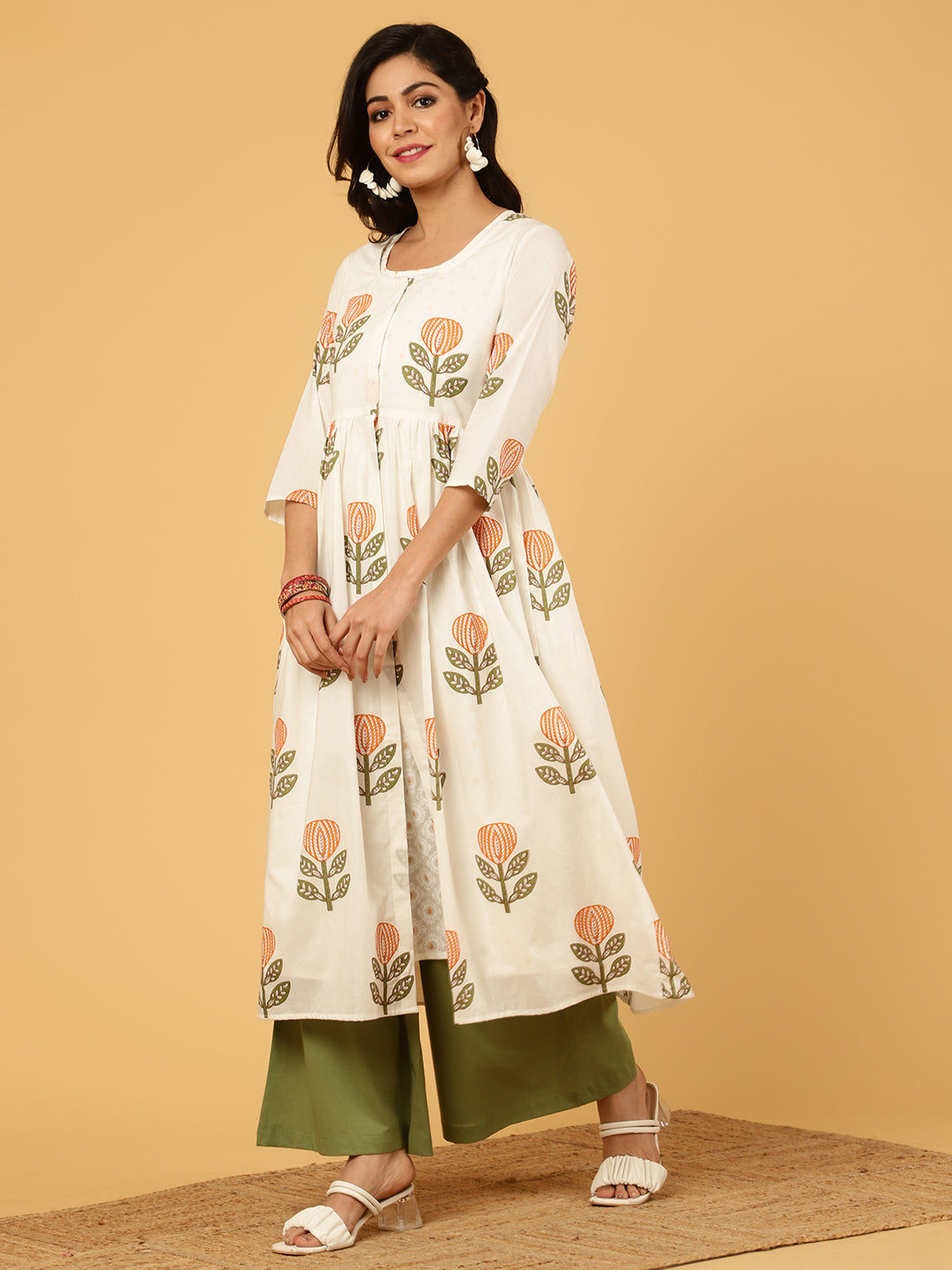 White Ethnic Motif Printed Shrug With Printed Kurta And Palazzo