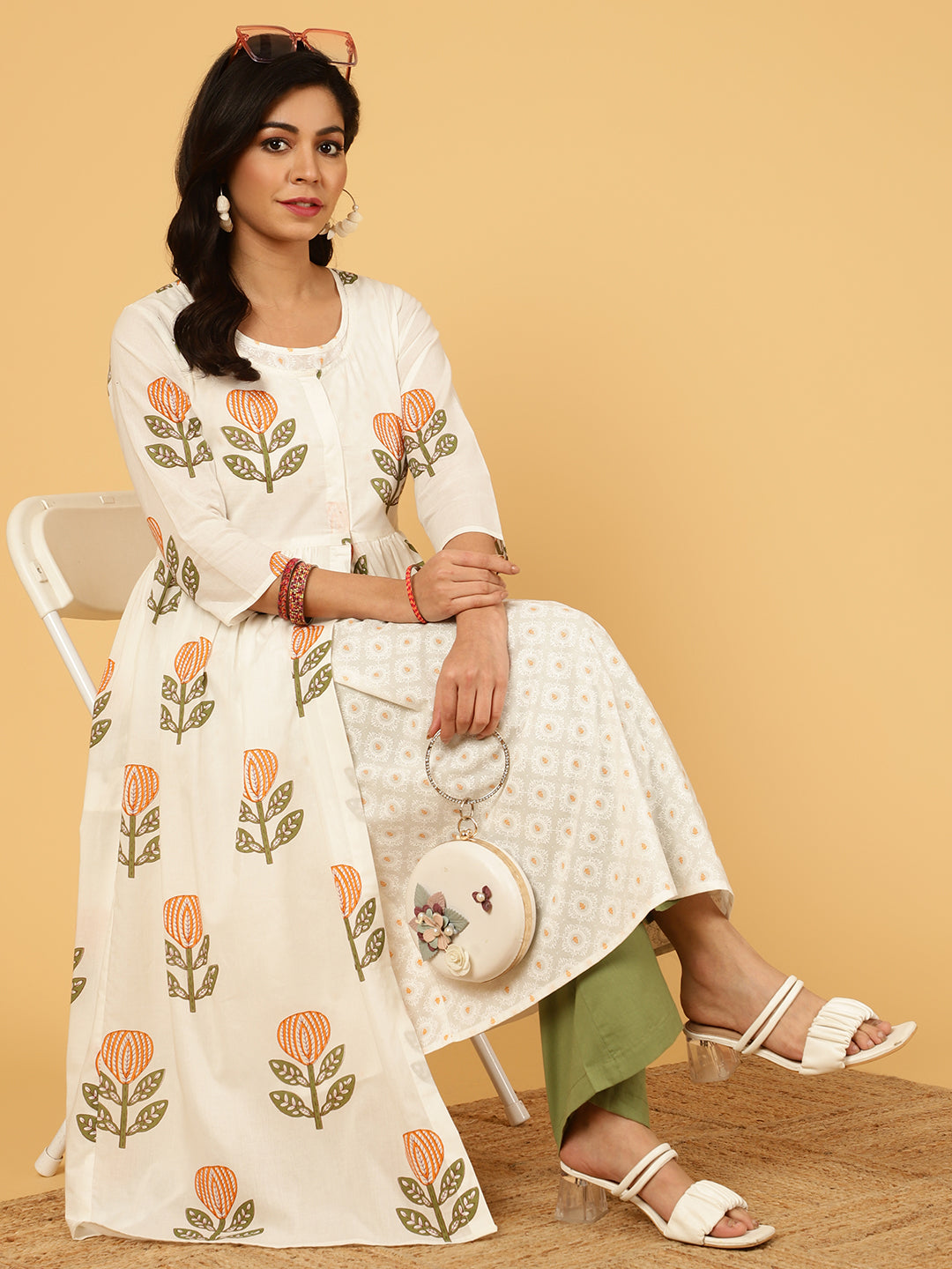 White Ethnic Motif Printed Shrug With Printed Kurta And Palazzo