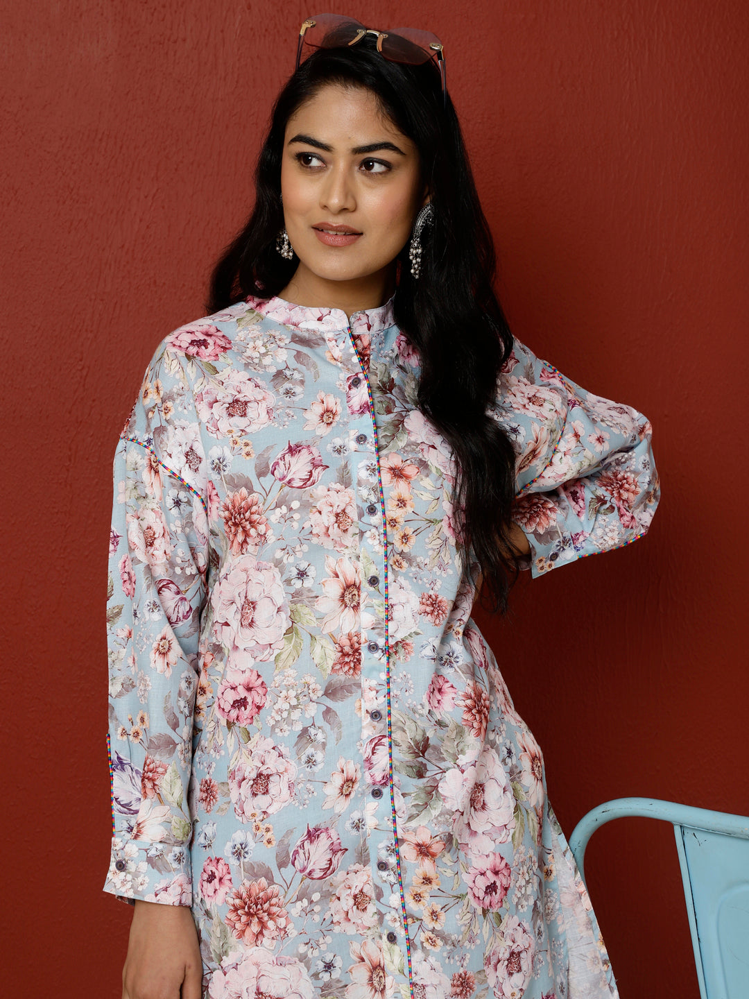 Blue Floral Printed Kurta With Palazzo Co-ord Set