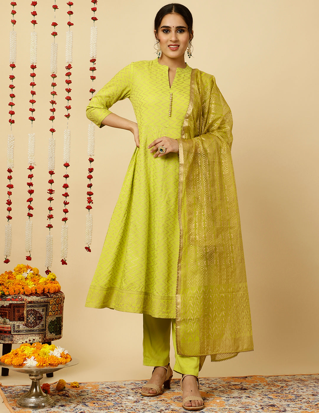 Lime Green Zigzag Printed Anarkali Kurta With Pants And Dupatta