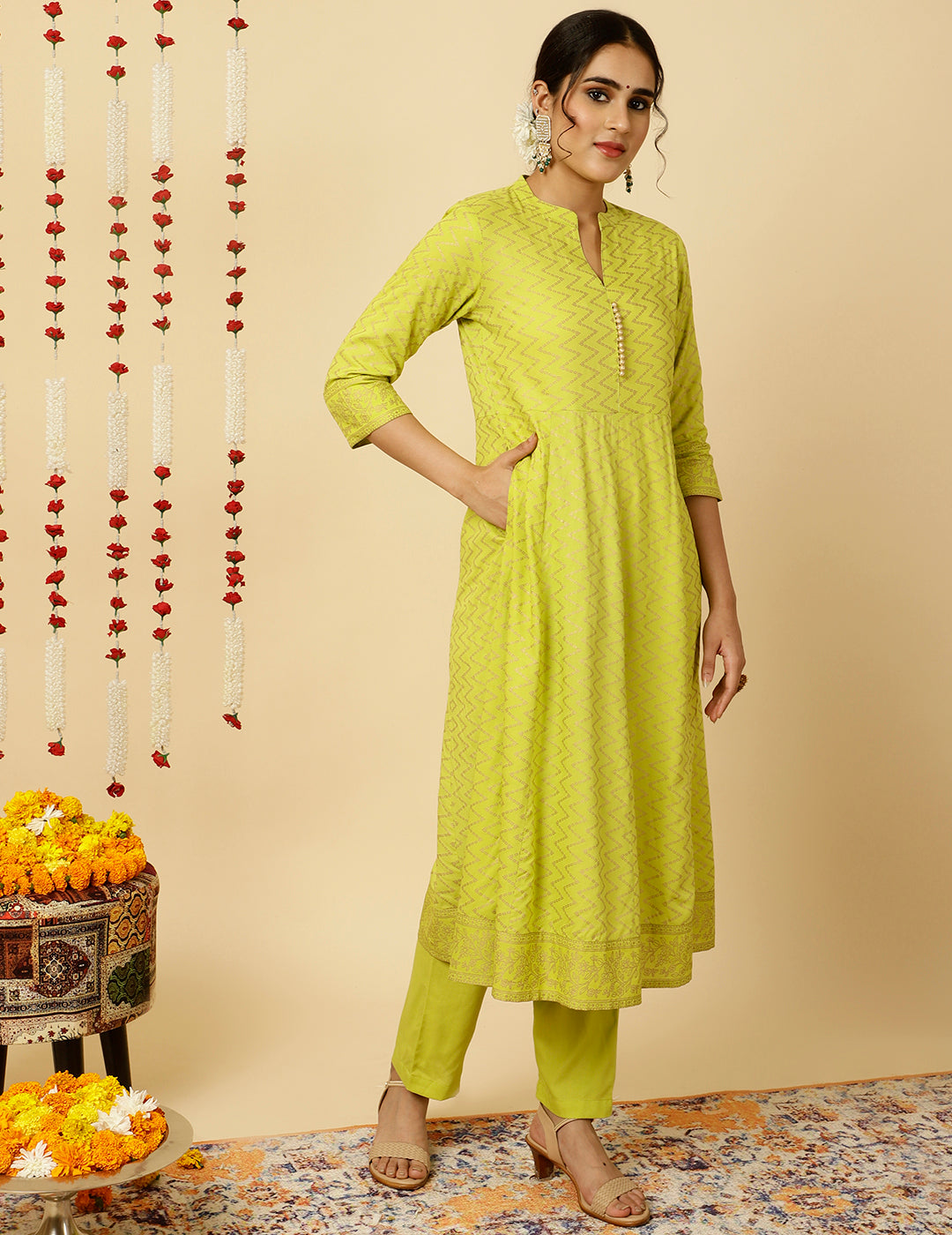 Lime Green Zigzag Printed Anarkali Kurta With Pants And Dupatta