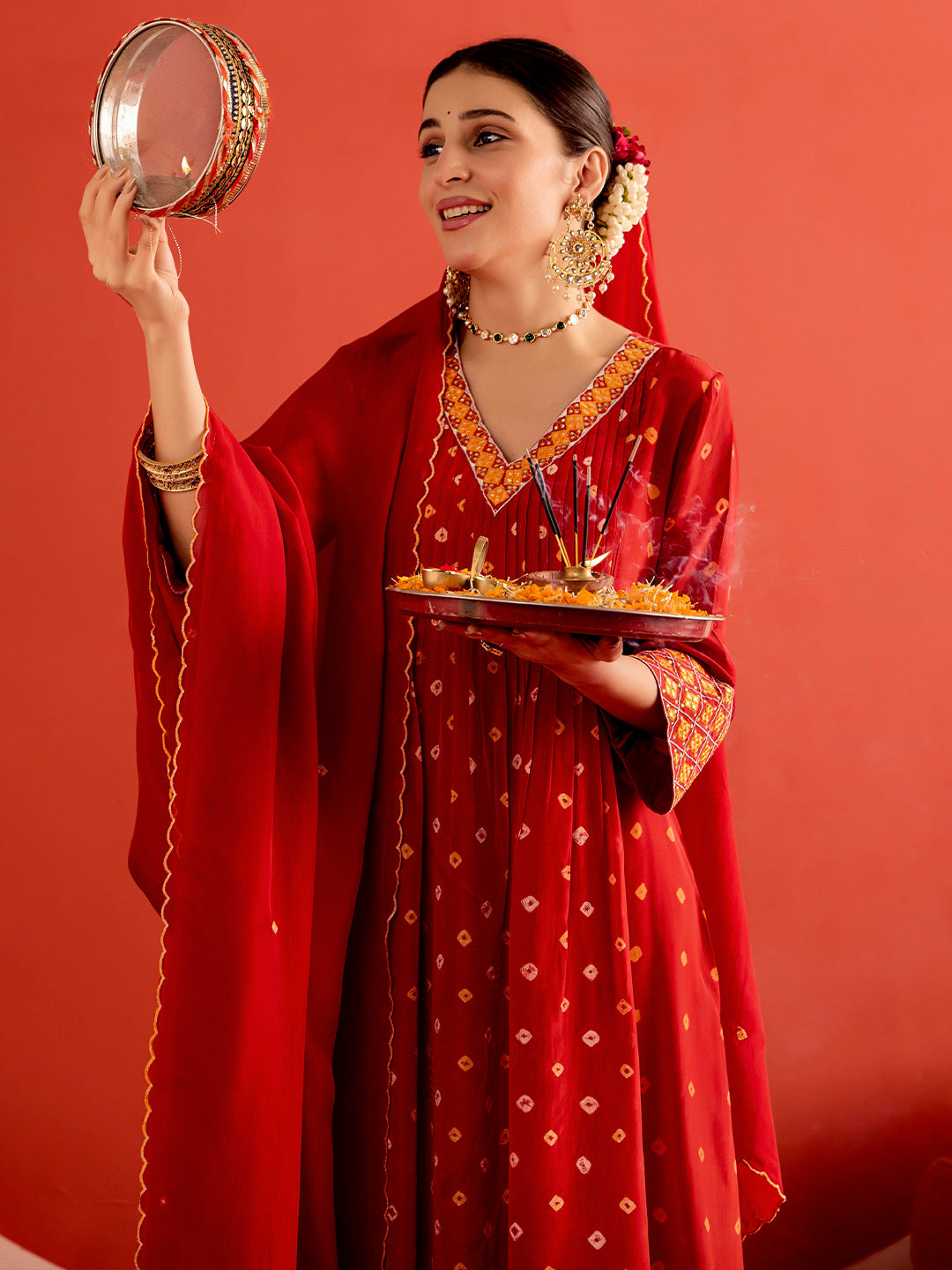 Bandhani Embroidered A-Line Poly Crepe Kurta & Trousers Sets