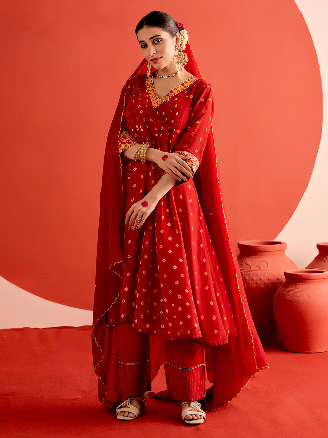 Bandhani Embroidered A-Line Poly Crepe Kurta & Trousers Sets