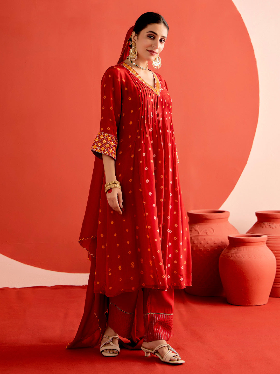 Bandhani Embroidered A-Line Poly Crepe Kurta & Trousers Sets