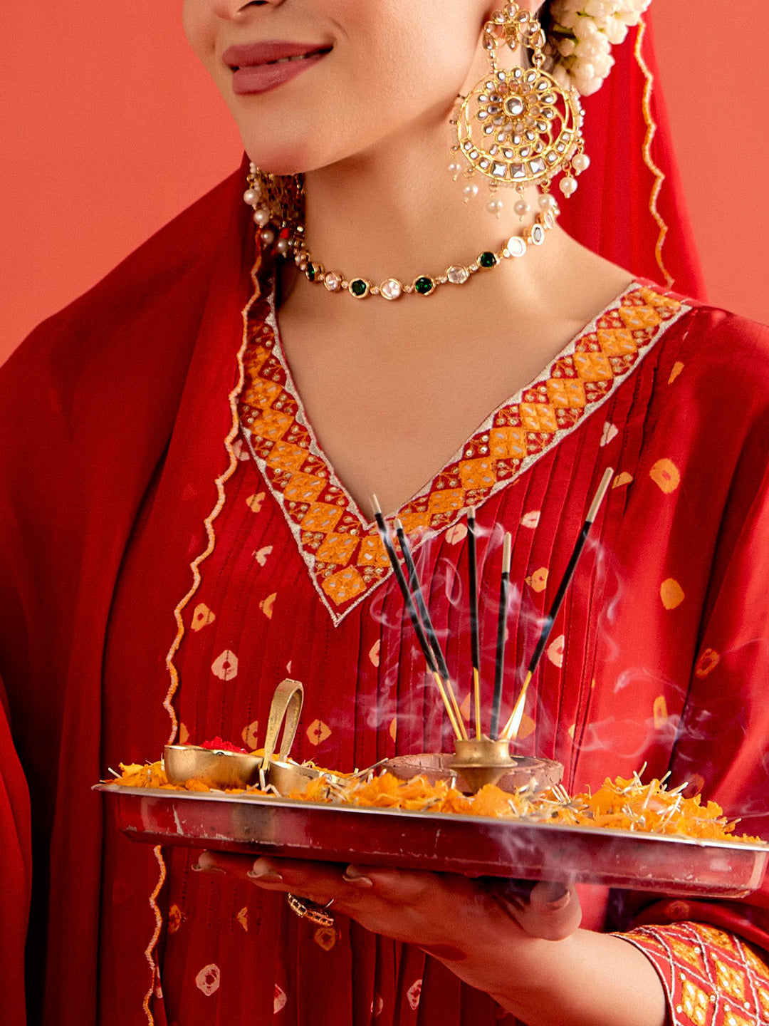 Bandhani Embroidered A-Line Poly Crepe Kurta & Trousers Sets