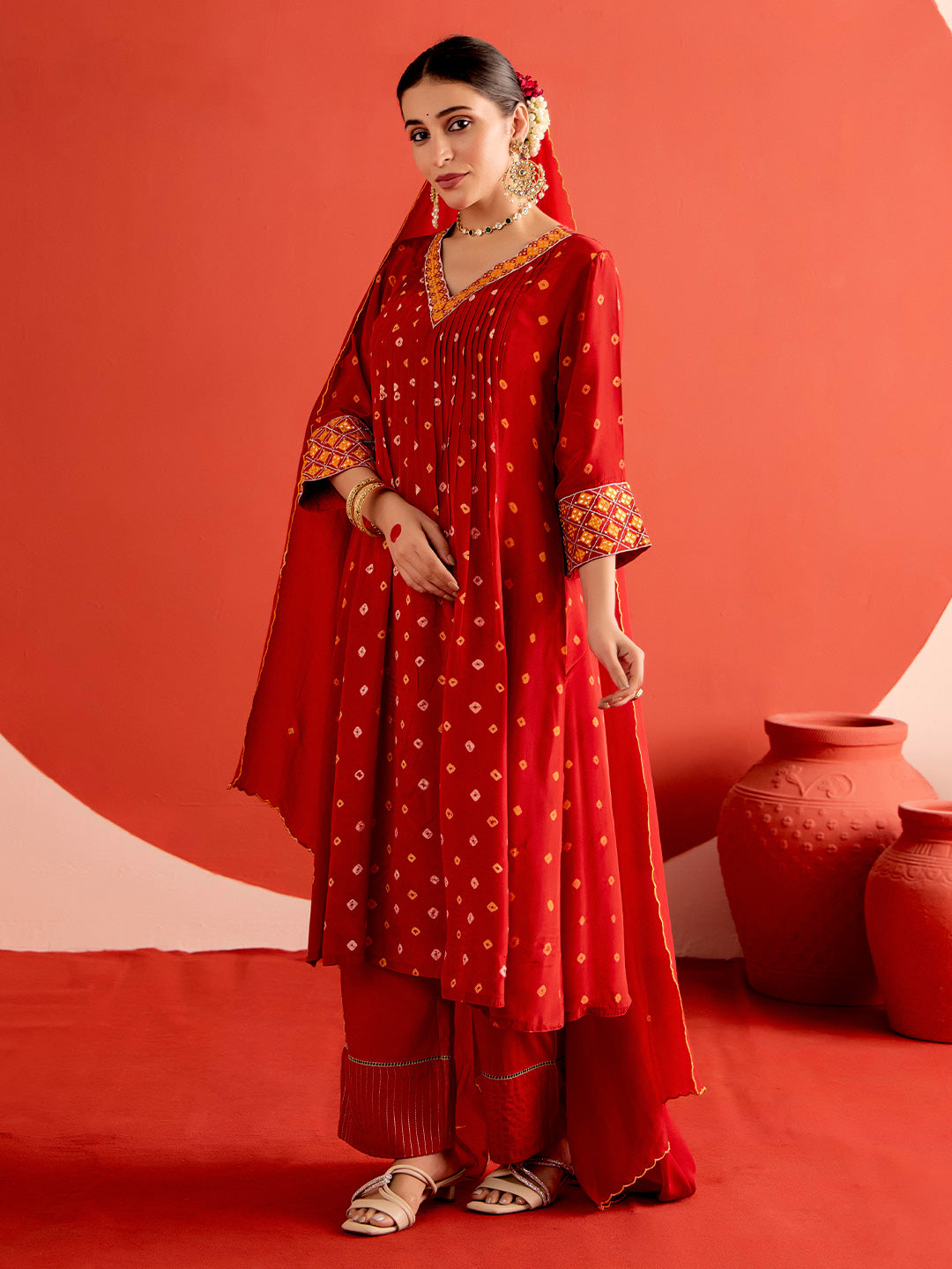 Bandhani Embroidered A-Line Poly Crepe Kurta & Trousers Sets