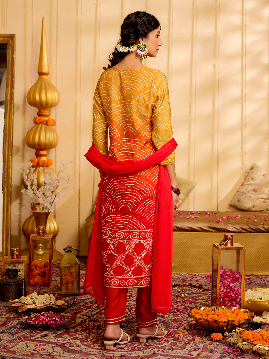 Bandhani Embroidered Straight Art Silk Kurta & Trousers Sets