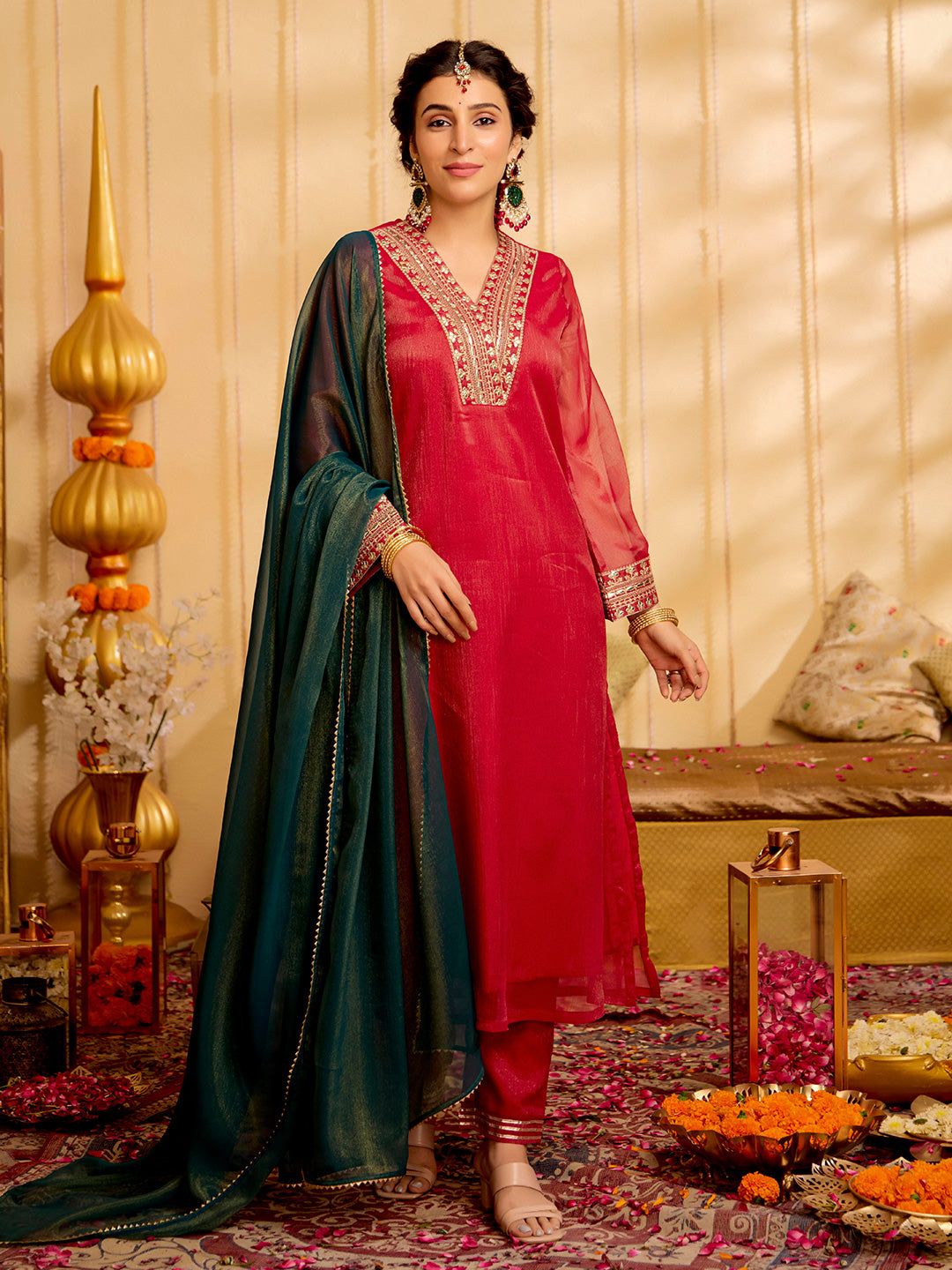 Solid Embroidered Straight Tissue Kurta & Trousers Sets