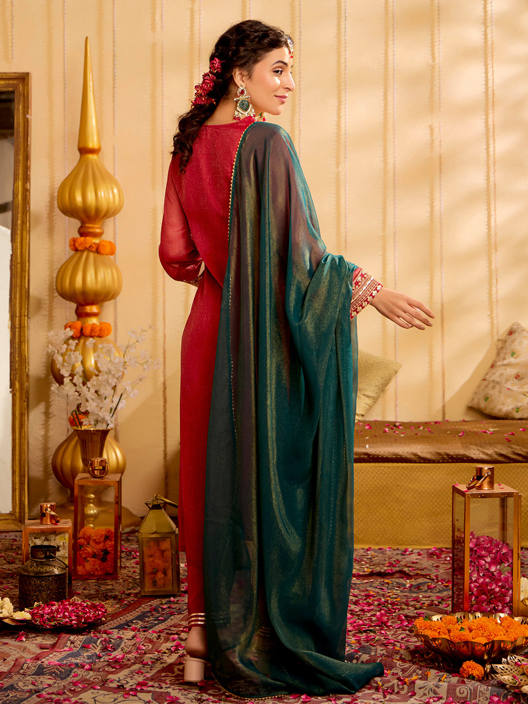 Solid Embroidered Straight Tissue Kurta & Trousers Sets