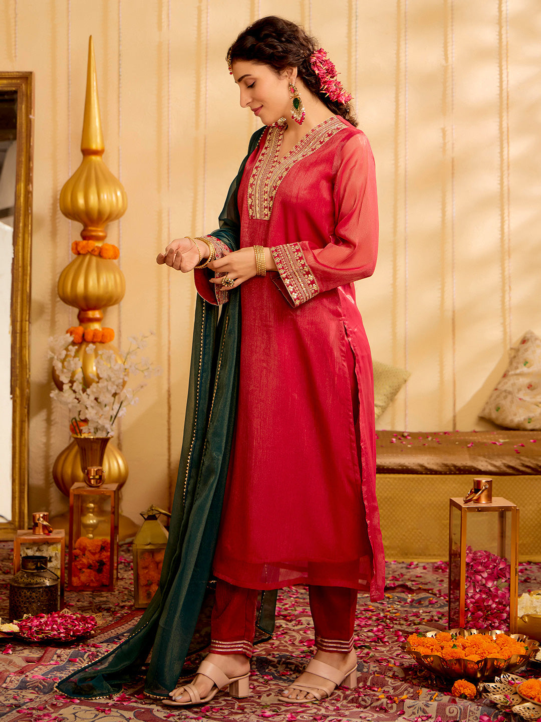 Solid Embroidered Straight Tissue Kurta & Trousers Sets