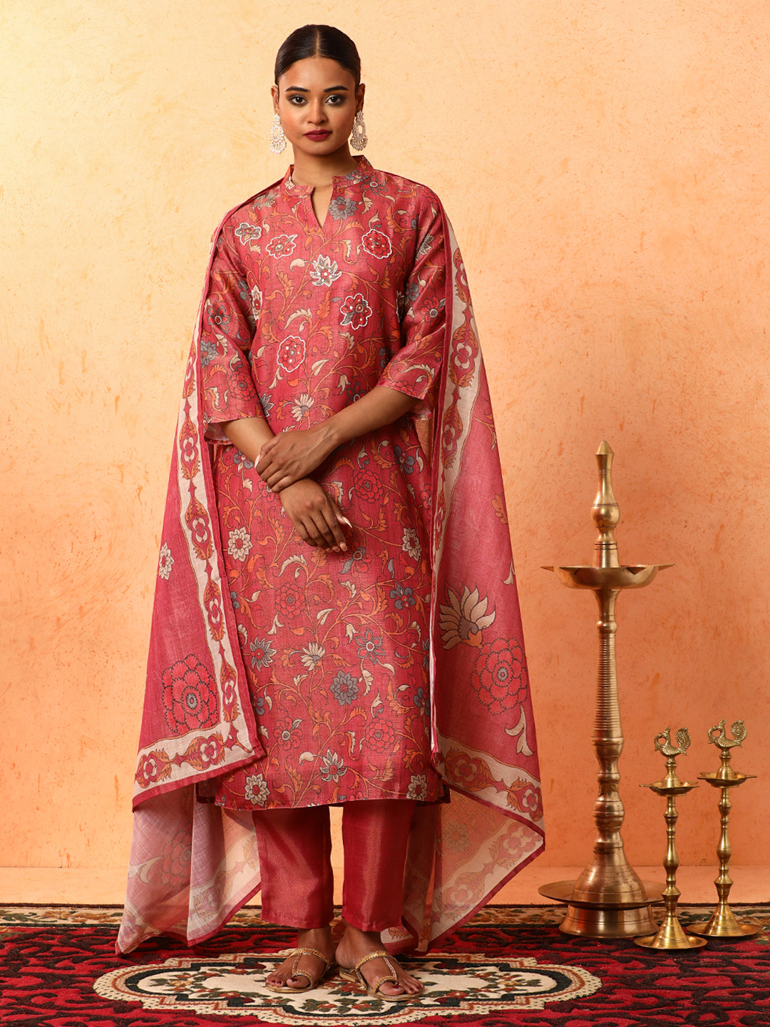 Floral Embroidered A-Line Silk Blend Kurta & Trousers Sets
