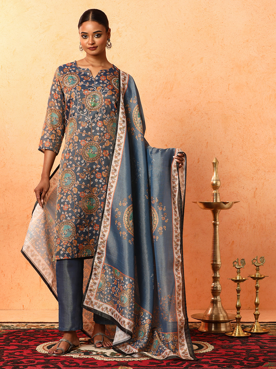 Floral Embroidered A-Line Silk Blend Kurta & Trousers Sets
