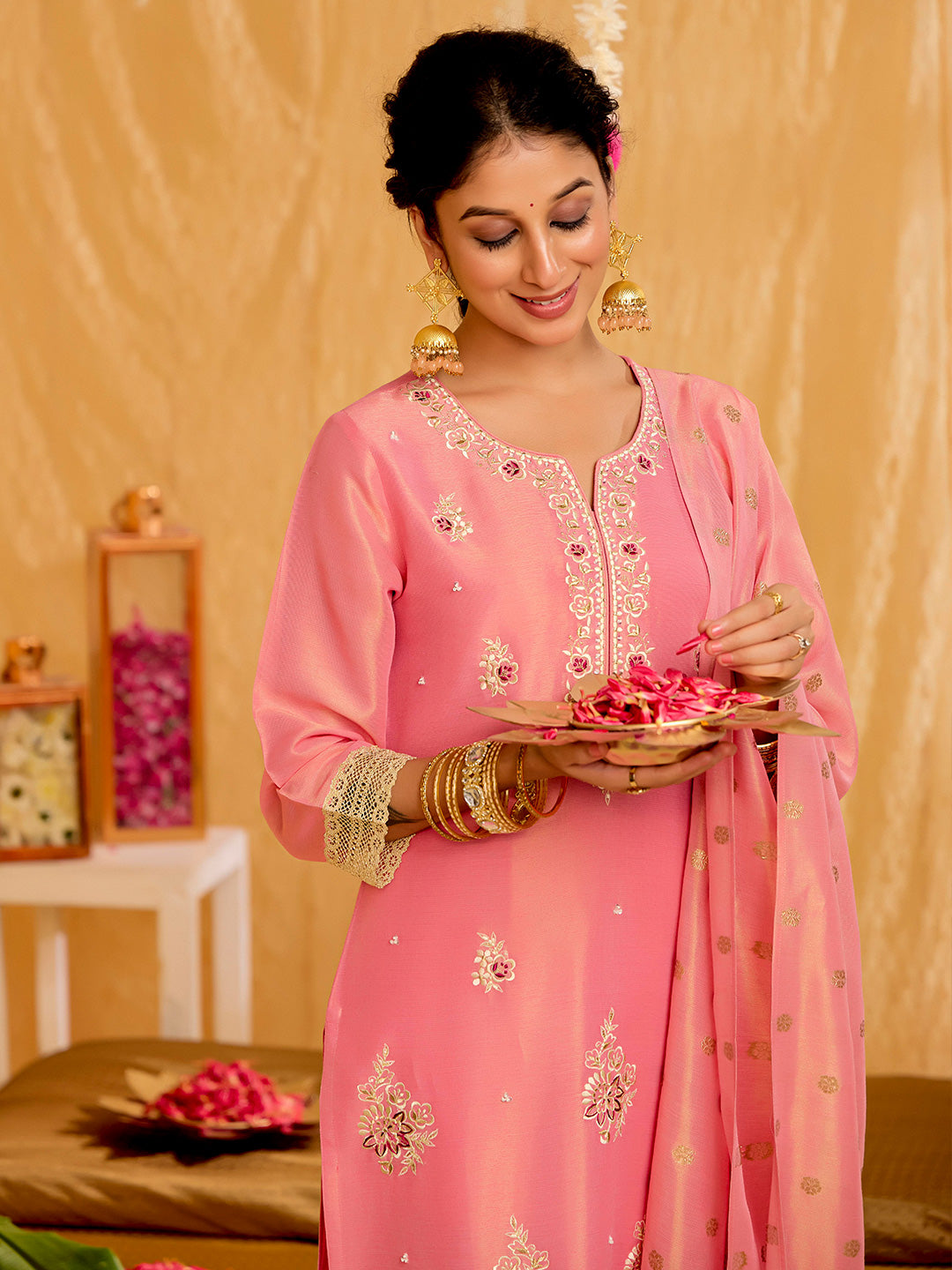Floral Embroidered Straight Tissue Kurta & Trousers Sets