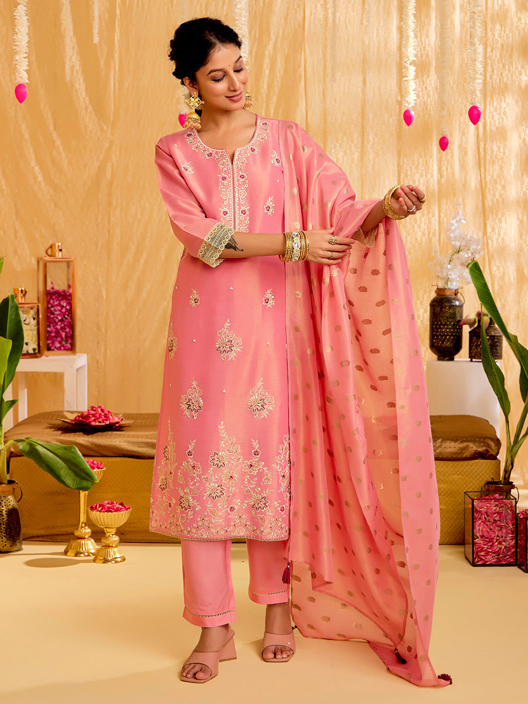 Floral Embroidered Straight Tissue Kurta & Trousers Sets