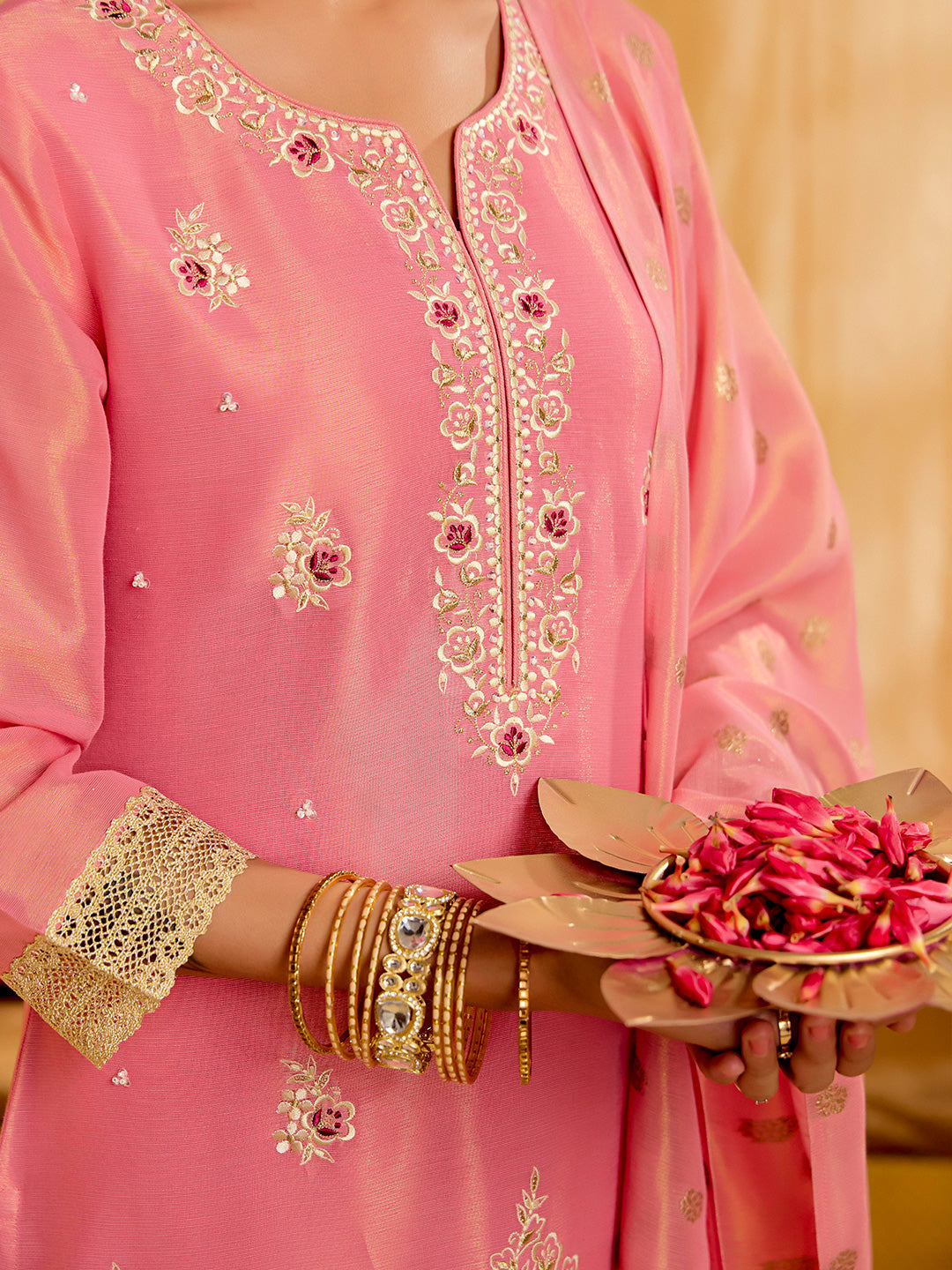 Floral Embroidered Straight Tissue Kurta & Trousers Sets