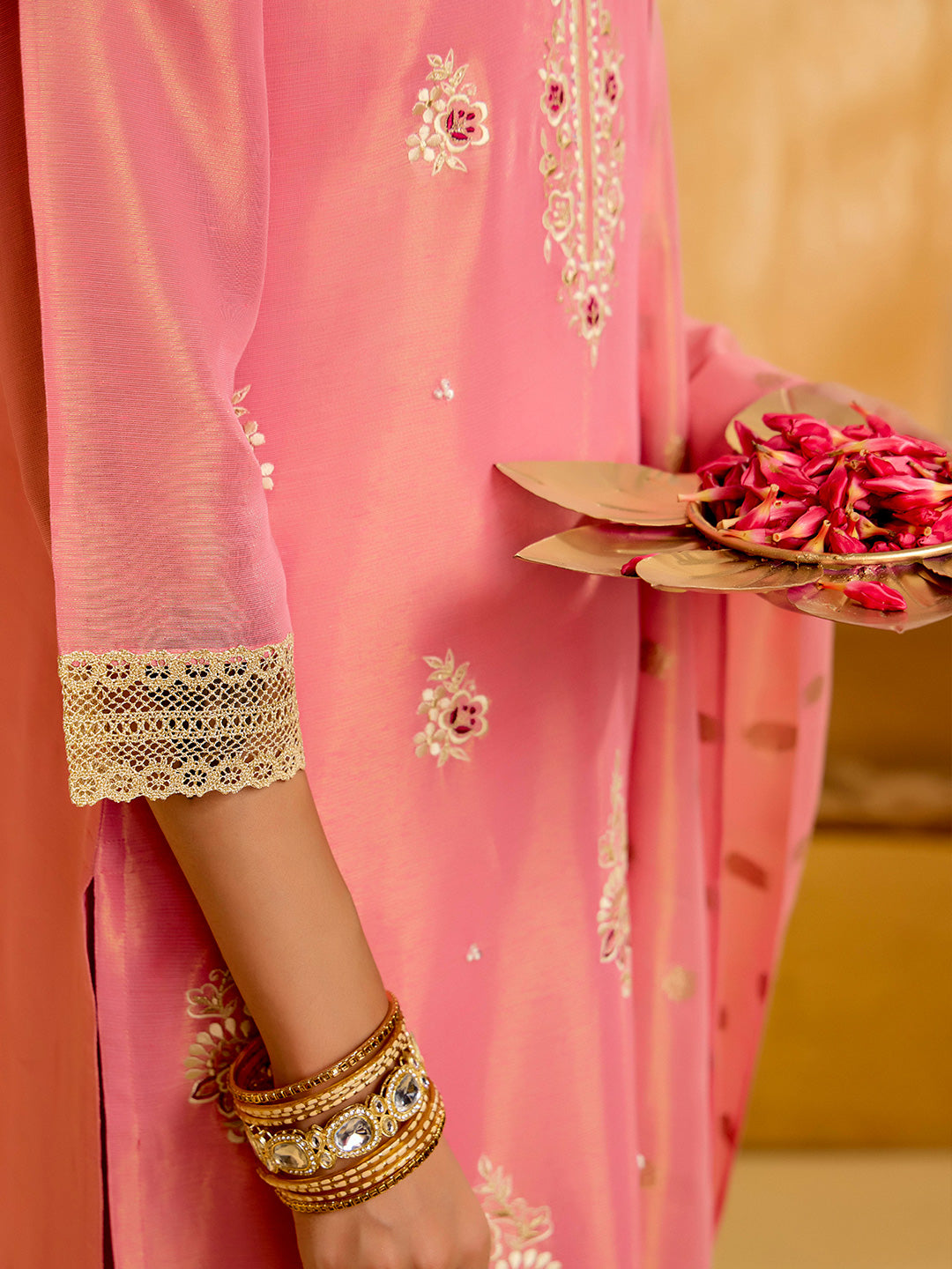 Floral Embroidered Straight Tissue Kurta & Trousers Sets