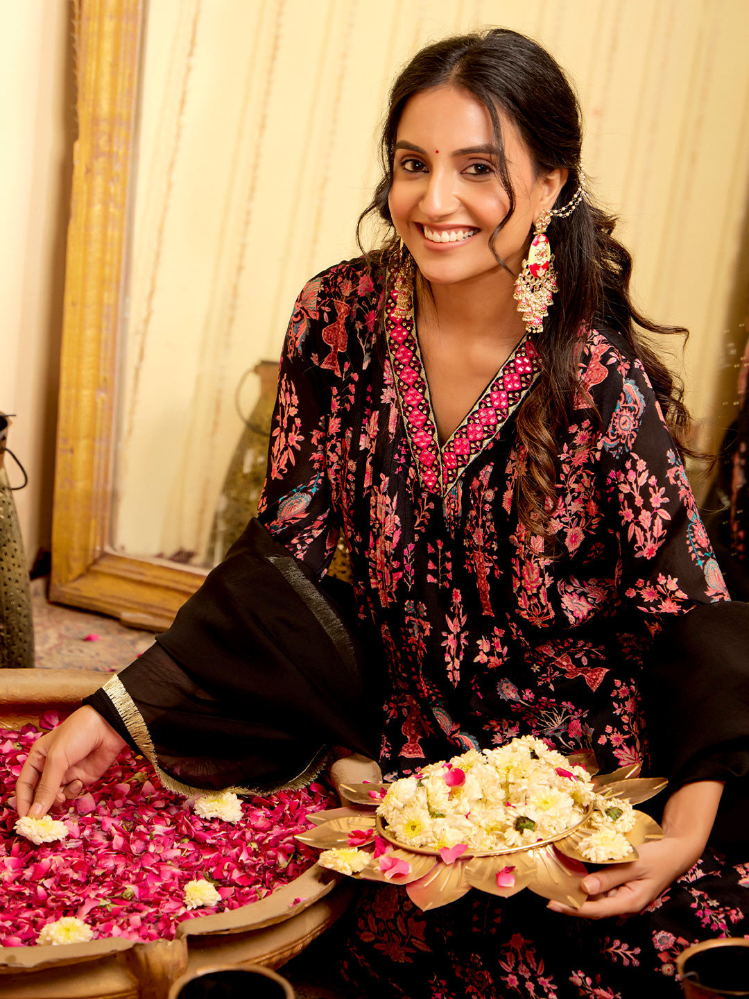 Floral Embroidered A-Line Chinon Kurta & Trousers Sets