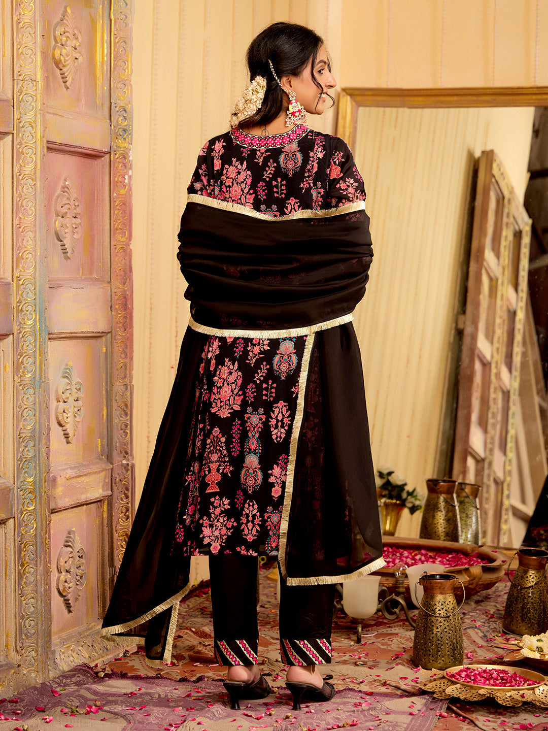 Floral Embroidered A-Line Chinon Kurta & Trousers Sets