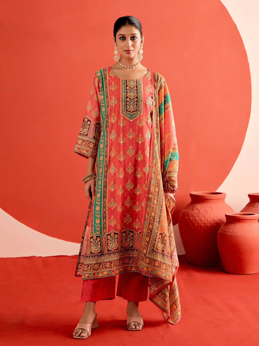 Ethnic Motifs Embroidered Straight Cotton Blend Kurta & Trousers Sets
