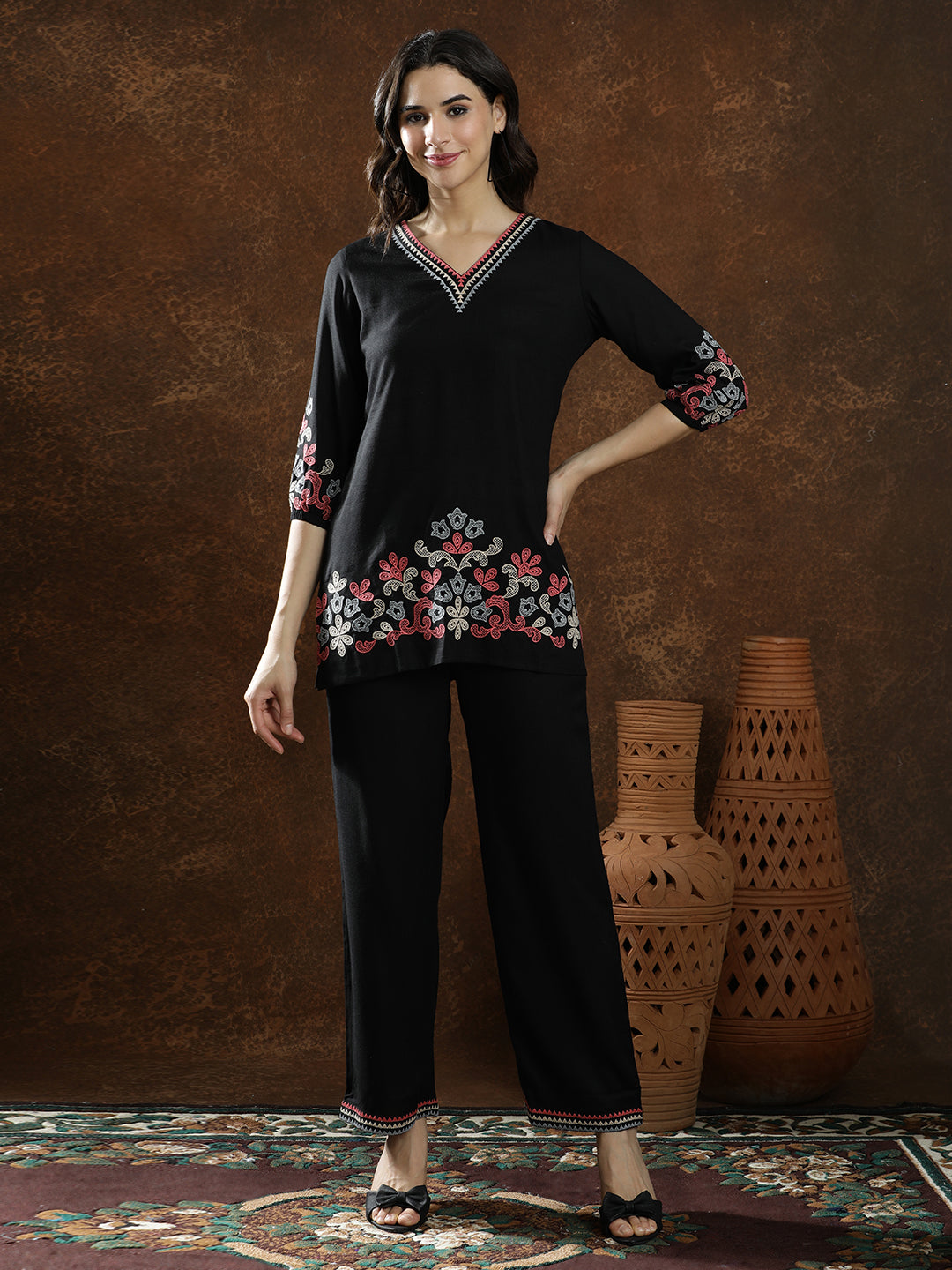 Floral Embroidered Straight Kurta & Trousers Sets