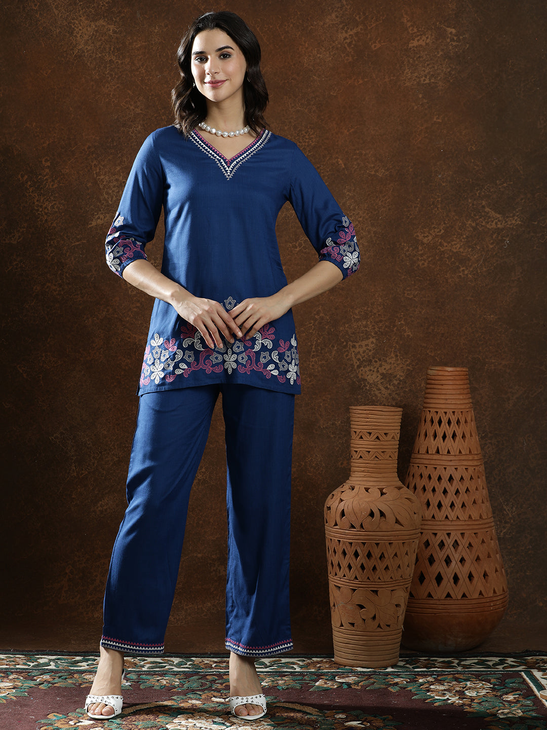 Floral Embroidered Straight Kurta & Trousers Sets