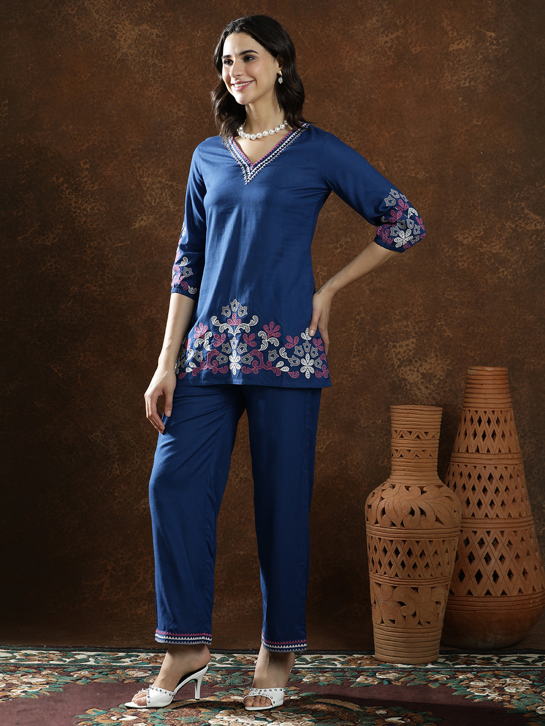 Floral Embroidered Straight Kurta & Trousers Sets
