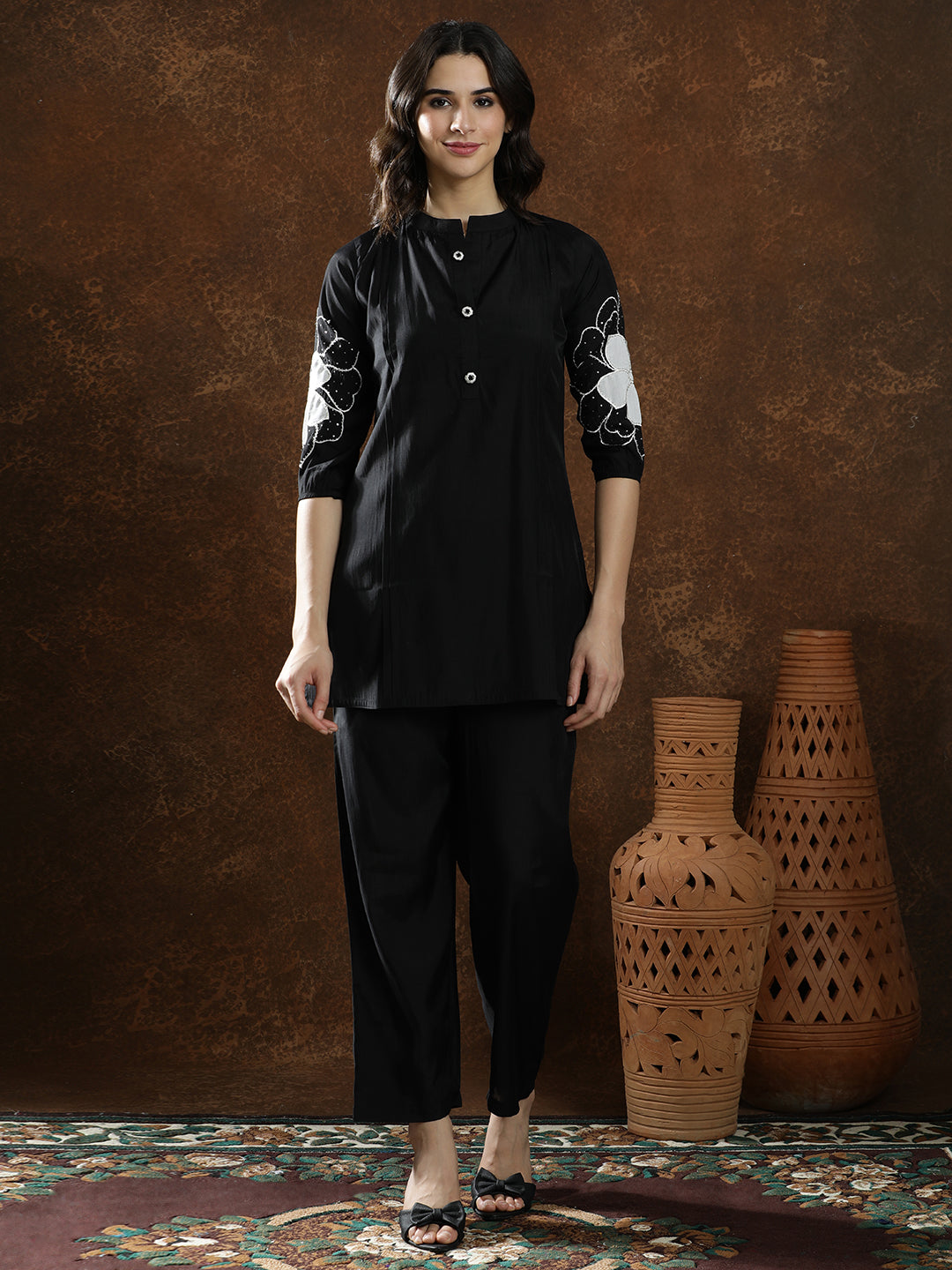 Floral Embroidered Straight Kurta & Trousers Sets
