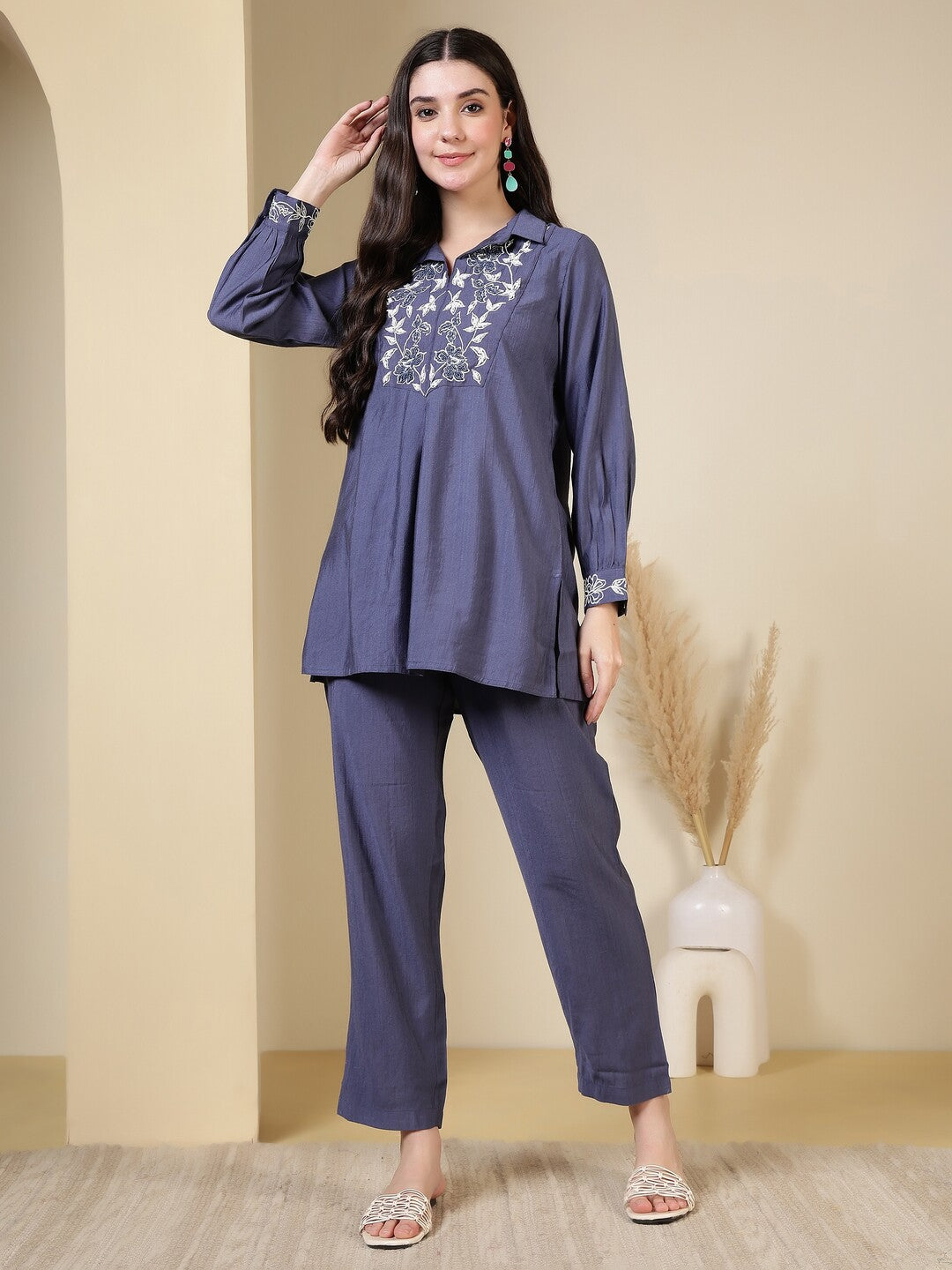 Solid Embroidered Straight Kurta & Trousers Sets