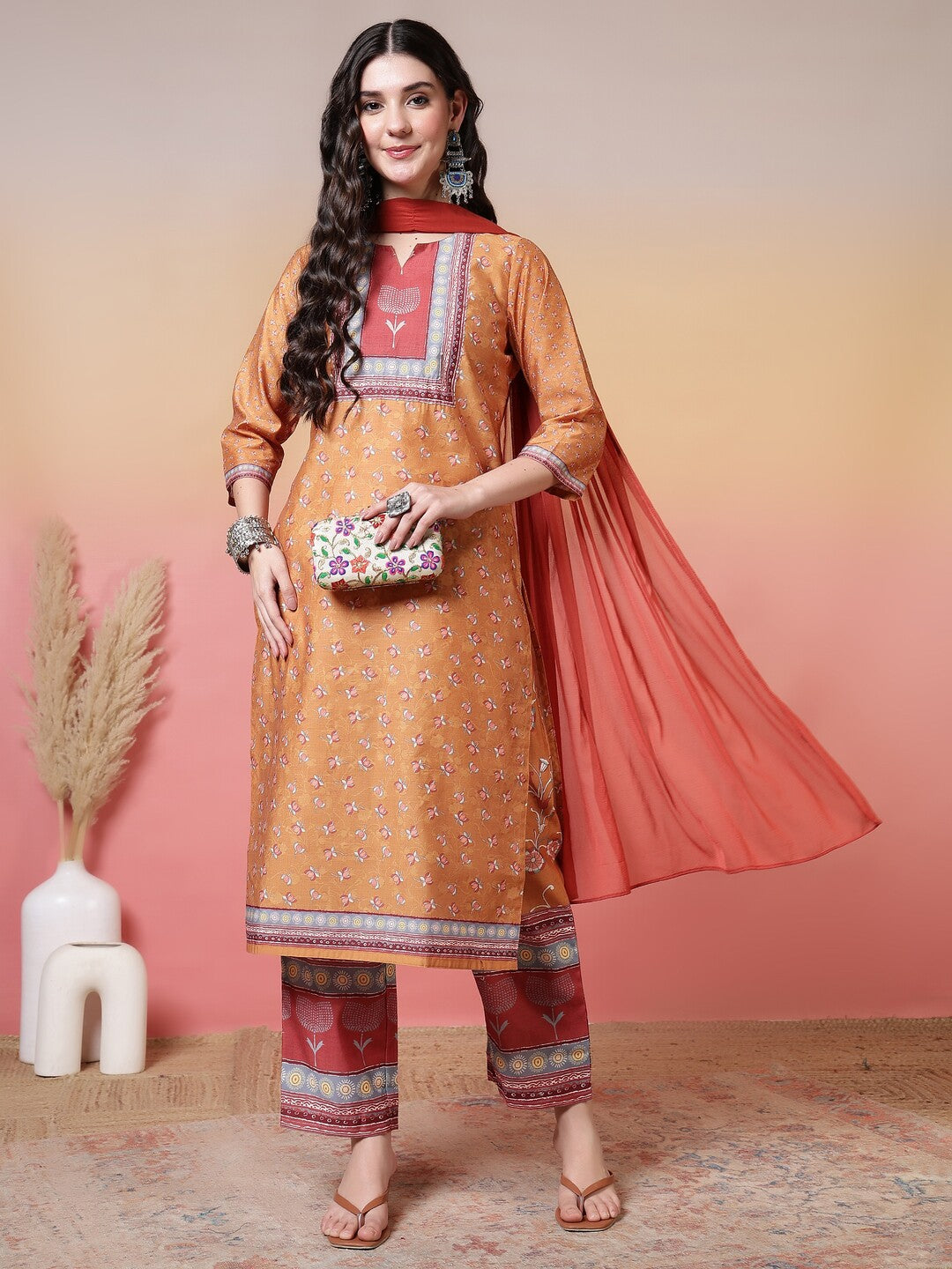 Floral Embroidered Straight Kurta & Trousers Sets